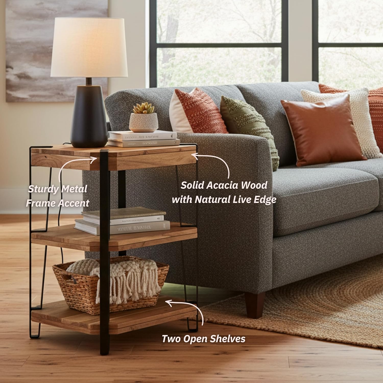 Ryegate 3-Tier End Table with Storage – Live Edge Solid Acacia Wood Side Table with Industrial Metal Frame and 2 Open Lower Shelves for Living Room, Bedroom, Entryway by Alaterre Furniture