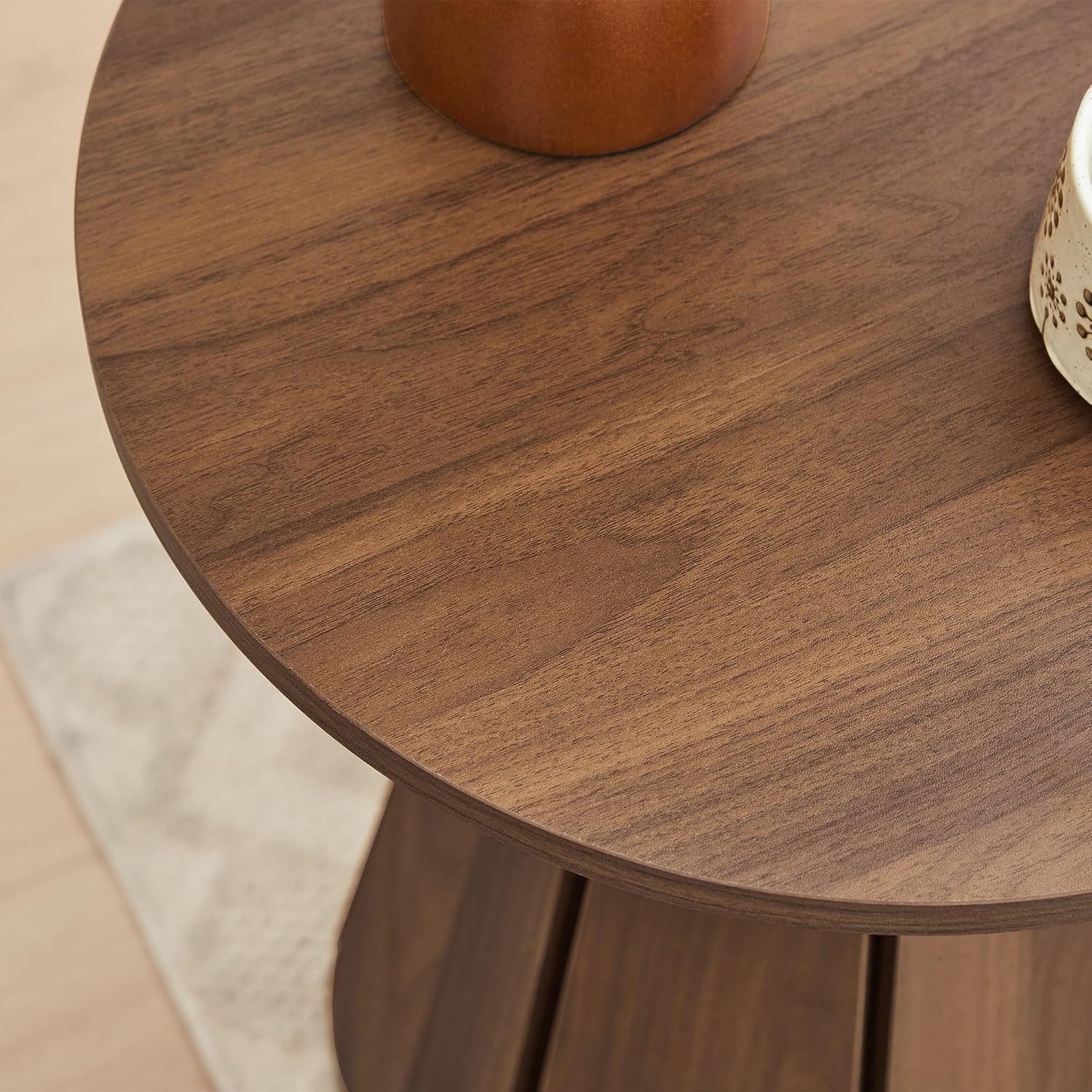 Round End Table Nightstand Set of 2, Mid Century Modern Side Table, Circle Bedside Tables Wood Night Stands for Bedroom, Living Room, Small Space, Walnut