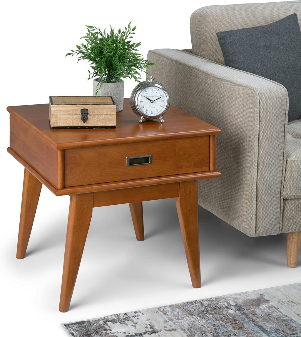 SIMPLIHOME Draper End Table - 22 inch Wide Solid Hardwood Rectangular Accent Table with Storage Drawer in Teak Brown, Mid-Century Modern Nightstand or Lamp Stand for Living Room or Bedroom