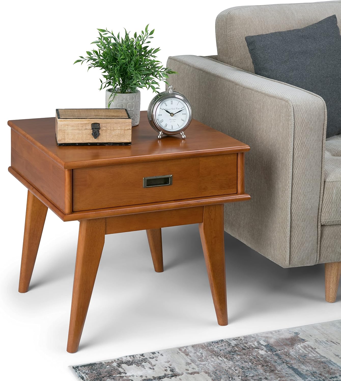 SIMPLIHOME Draper End Table - 22 inch Wide Solid Hardwood Rectangular Accent Table with Storage Drawer in Teak Brown, Mid-Century Modern Nightstand or Lamp Stand for Living Room or Bedroom