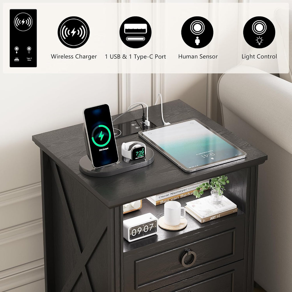 Nightstand Set 2 with Charging Station,Farmhouse End Side Table with 3 Drawers and Open Storage,Smart Bedside Table with LED Light & Human Sensor, Black