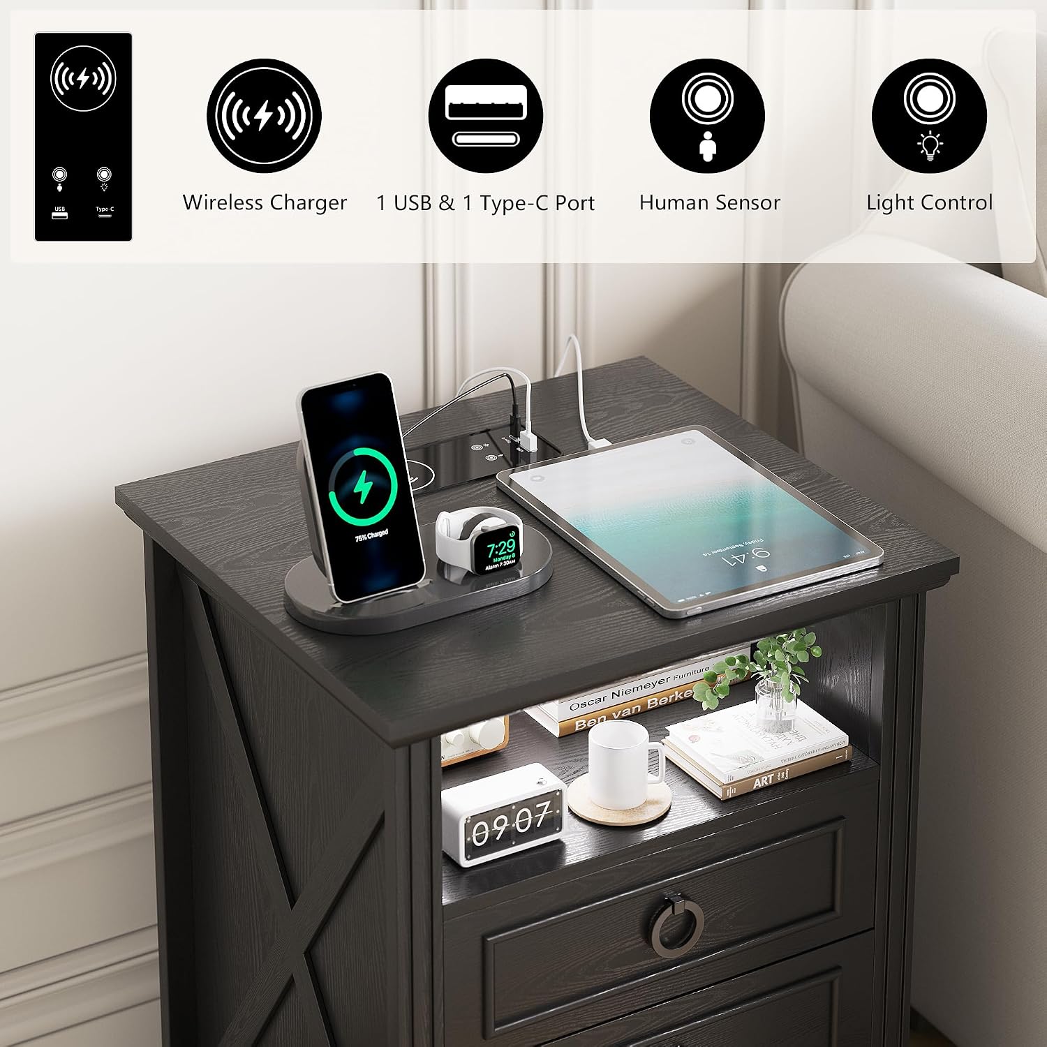 Nightstand Set 2 with Charging Station,Farmhouse End Side Table with 3 Drawers and Open Storage,Smart Bedside Table with LED Light & Human Sensor, Black