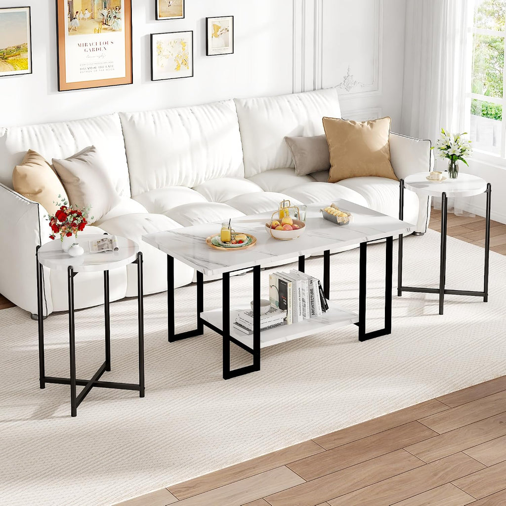 Hooseng Coffee Table Set of 3 Coffee Table and end Table Sets, Modern Living Room Table Set with Metal Frame for Apartment Home Office White Black