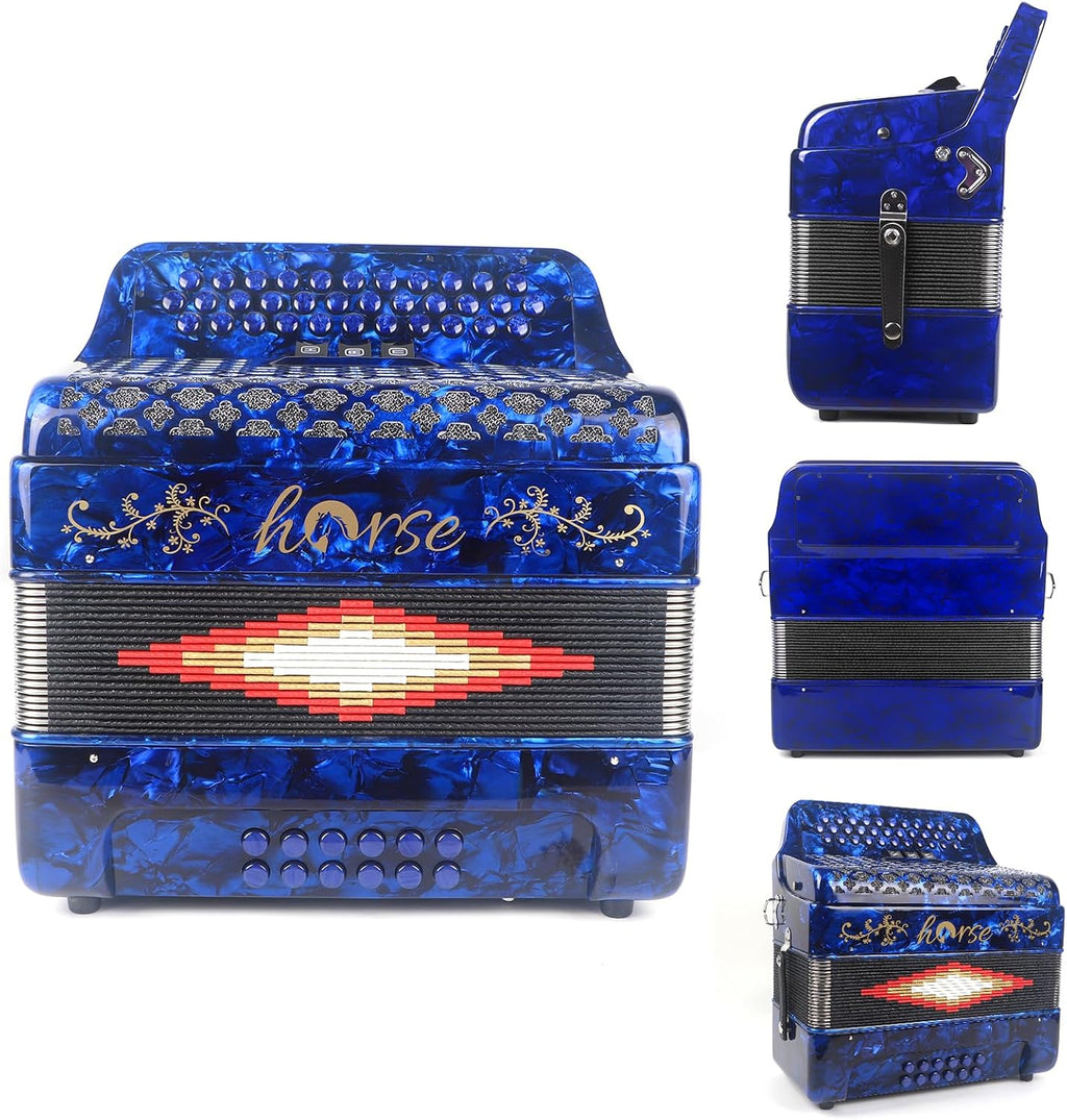 Horse 34 Key Accordion, GCF 12 Bass 3 Row, Made of Celluloid Louder & Clearer Timbre than Plastic,Accordions Instrument for Adults,W/Luxury Backpack,Straps,34 Buttons Acordeón Acordeones Para Adultos