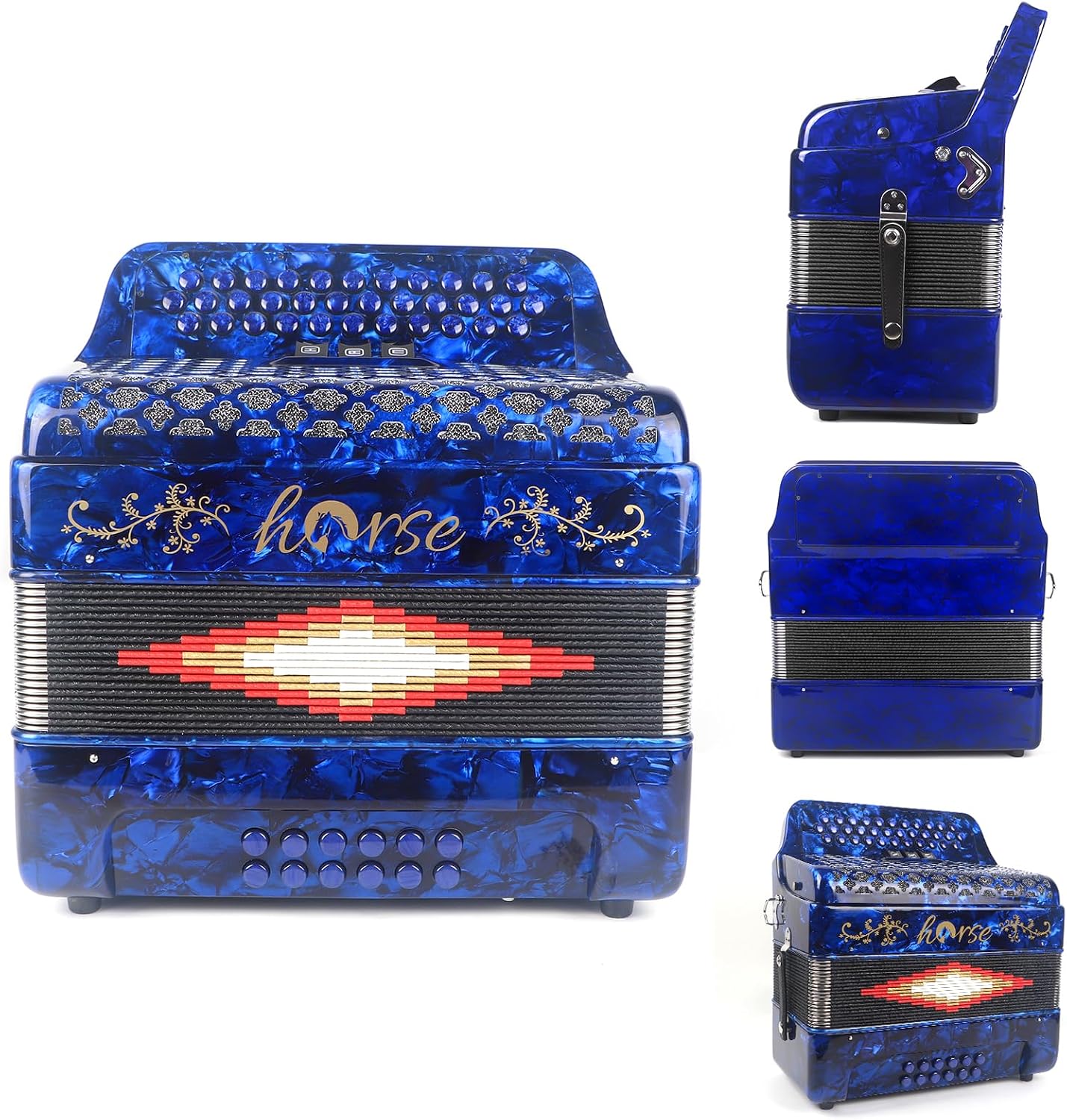 Horse 34 Key Accordion, GCF 12 Bass 3 Row, Made of Celluloid Louder & Clearer Timbre than Plastic,Accordions Instrument for Adults,W/Luxury Backpack,Straps,34 Buttons Acordeón Acordeones Para Adultos