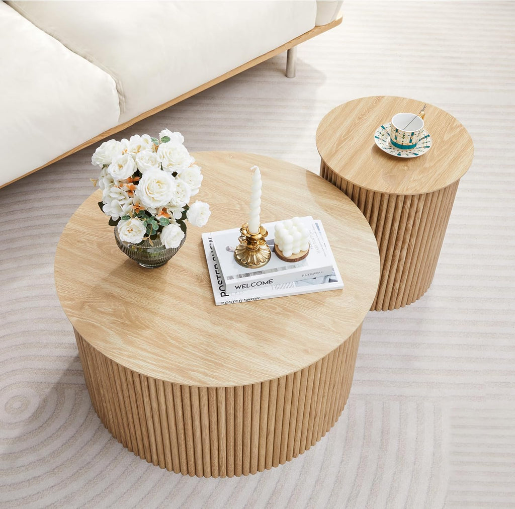 Fluted Round Nesting Coffee Table Set of 2, Mid Century Modern Wood Coffee Tables and End Table Set, Circle Side Table Minimalist Center Tables for Living Room, Office(Natural)