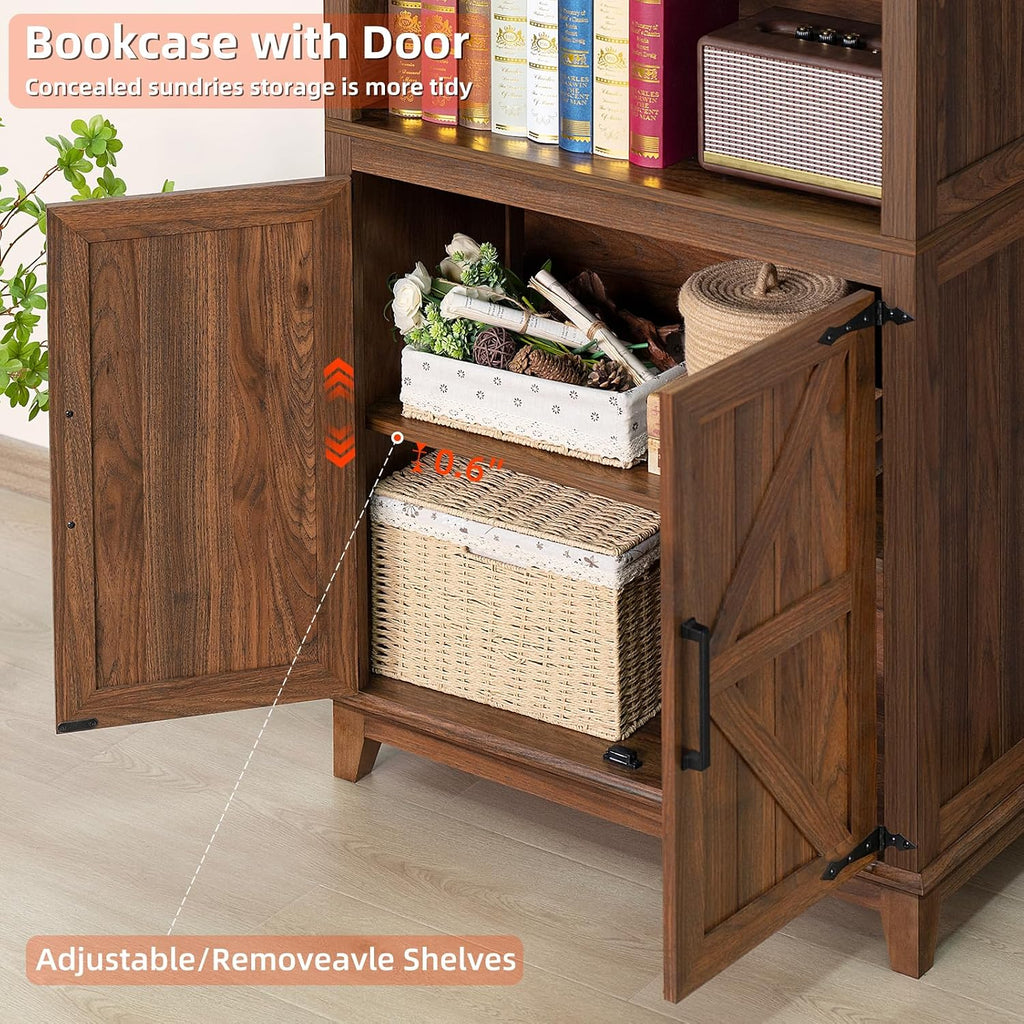 Joaxswe 70in Tall Bookshelf 5 Tier Bookcase with Barn Doors and Adjustable Shelves, Brown Farmhouse Book Shelf with Storage Cabinet, Wood Freestanding Display Bookshelves for Bedroom, Living Room