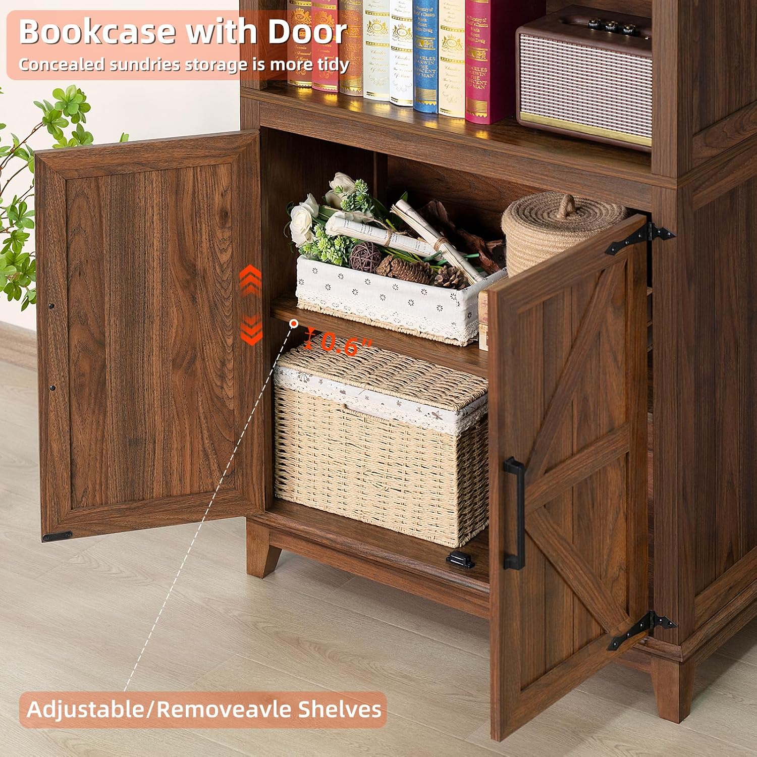 Joaxswe 70in Tall Bookshelf 5 Tier Bookcase with Barn Doors and Adjustable Shelves, Brown Farmhouse Book Shelf with Storage Cabinet, Wood Freestanding Display Bookshelves for Bedroom, Living Room