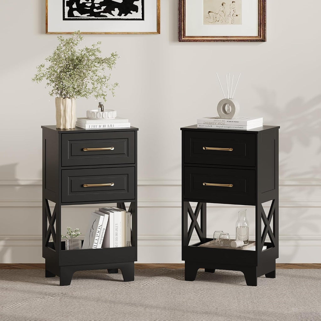 Tall Nightstand Set of 2 Side Table with 2 Drawers Modern Night Stand Wooden End Table Bedside Table with Below Open Shelf Solid Feet for Bedroom Black