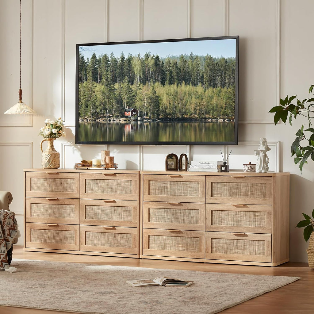LEYAOYAO Rattan 6 Drawer Dresser for Bedroom, Boho 48' Wide Natural Wood Dresser Chest of Drawers, Dressers TV Stand with Metal Handle, Storage Dressers Closet Organizer for Living Room, Hallway