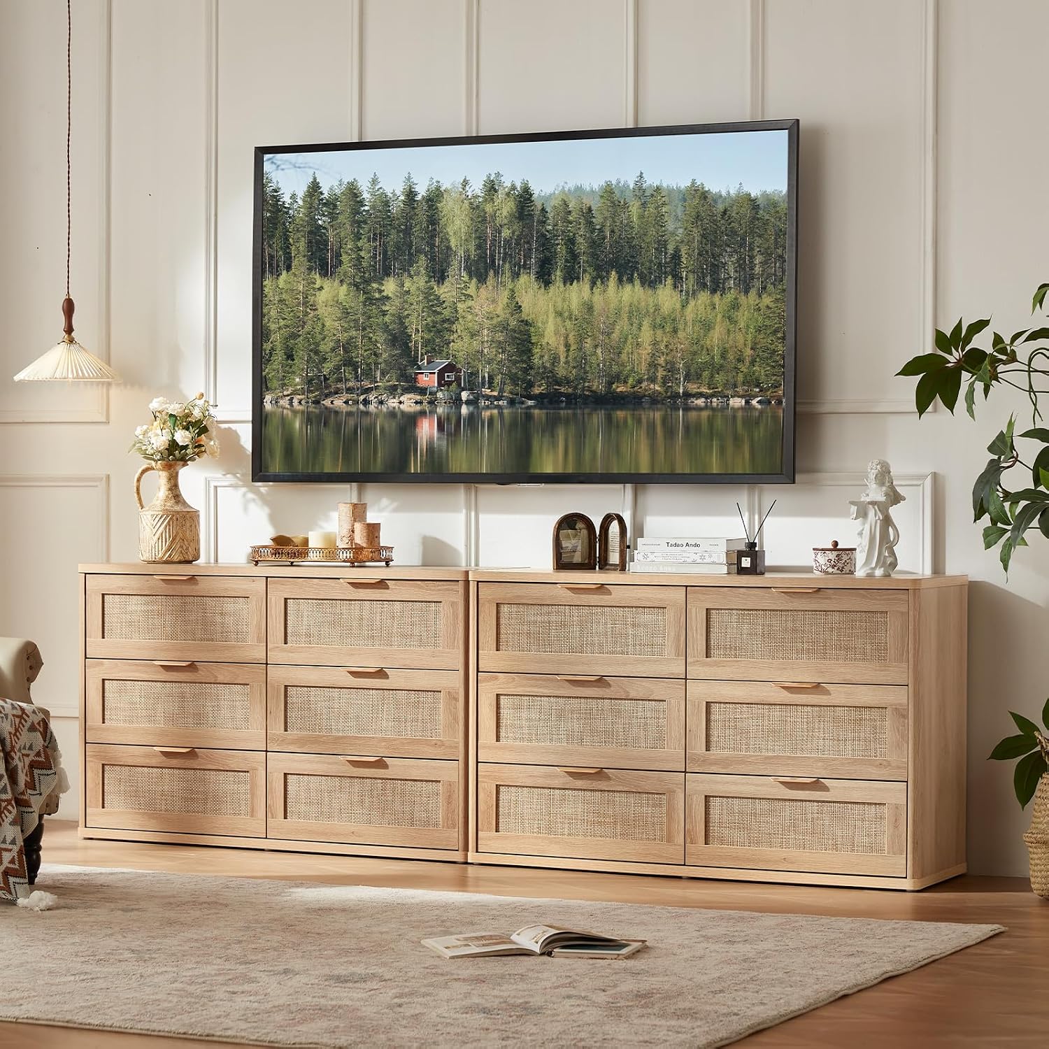 LEYAOYAO Rattan 6 Drawer Dresser for Bedroom, Boho 48' Wide Natural Wood Dresser Chest of Drawers, Dressers TV Stand with Metal Handle, Storage Dressers Closet Organizer for Living Room, Hallway