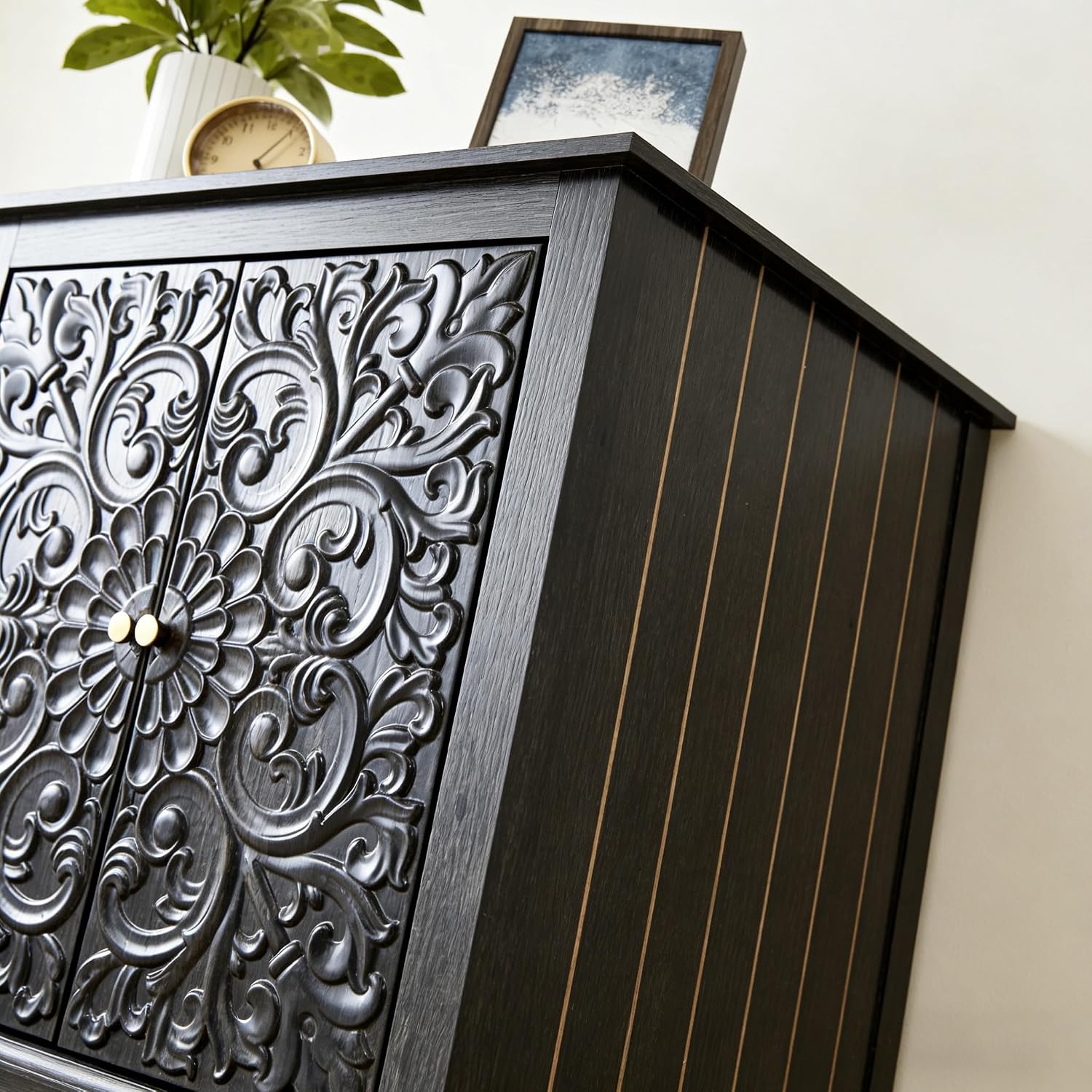 weselon Farmhouse End Table with Carved Floral Door, 24' Wide Nightstand with Adjustable Shelf, Wooden Square Sofa Side Table Storage Table for Living Room Bedroom (Antique Black-Brown)