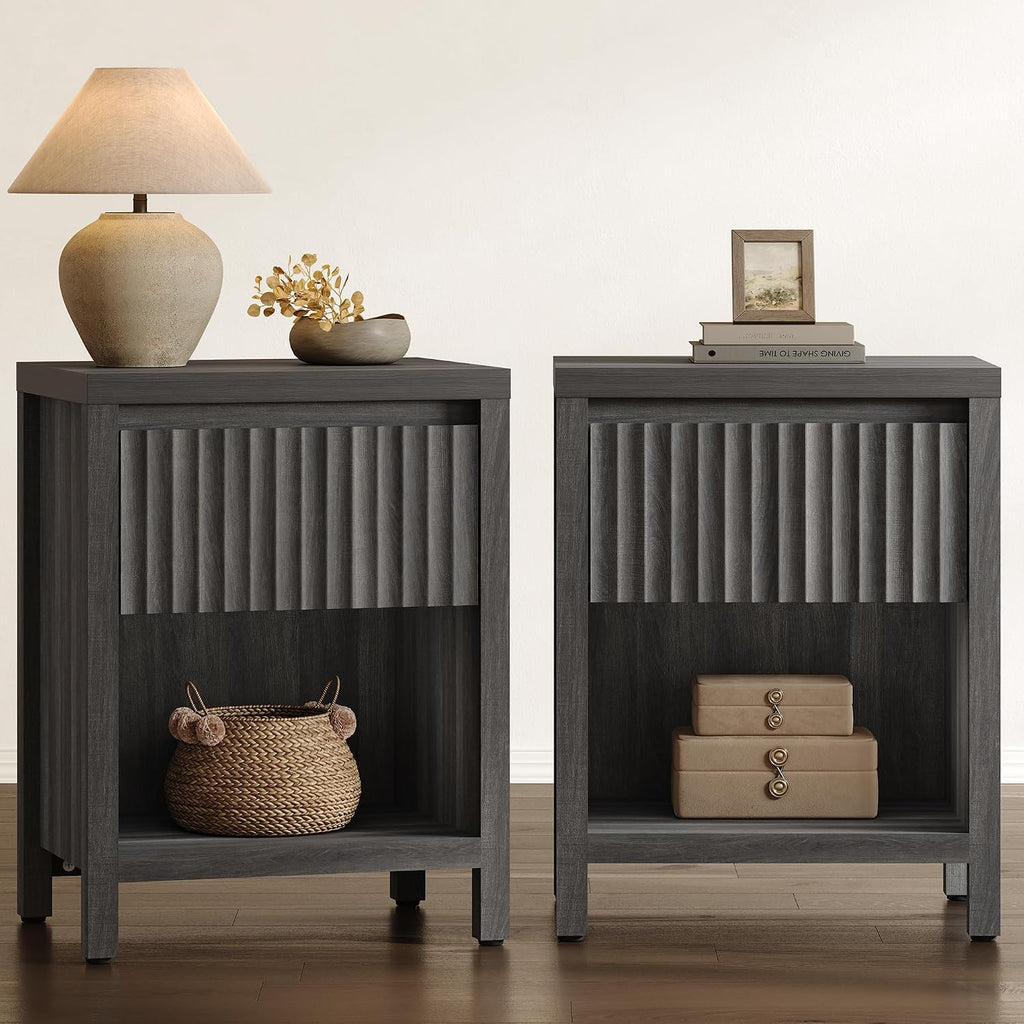 SICOTAS Fluted Night Stand Set of 2, Modern Nightstands with Drawer, Farmhouse Bedside Table with Storage Shelf, Large End Tables Bed Side Tables for Bedroom, Black Oak