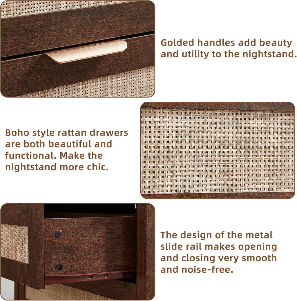 LEYAOYAO 31.5' Wide Rattan Night Stand, Large Boho Nightstand, Bedside Table with Storage, Tall Bed Side End Tables, Chest of Drawers for Bedroom, Living Room, Hallway（Walnut,2 Drawers,2）
