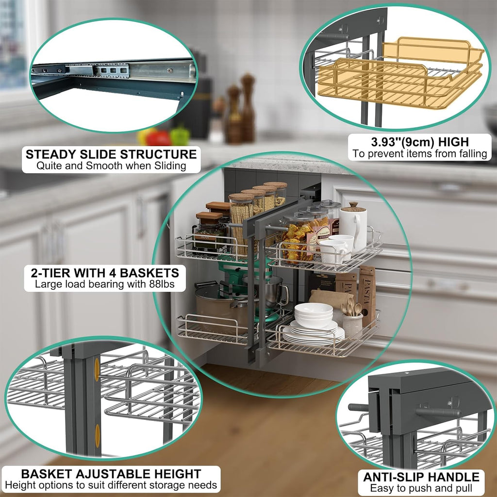 Blind Corner Cabinet Pull Out 2 Tier 4 Shelves Magic Corner Kitchen Cabinet Pull Out Shelf Organzier Soft Close Bottom Mount Min Opening 15in，Metal