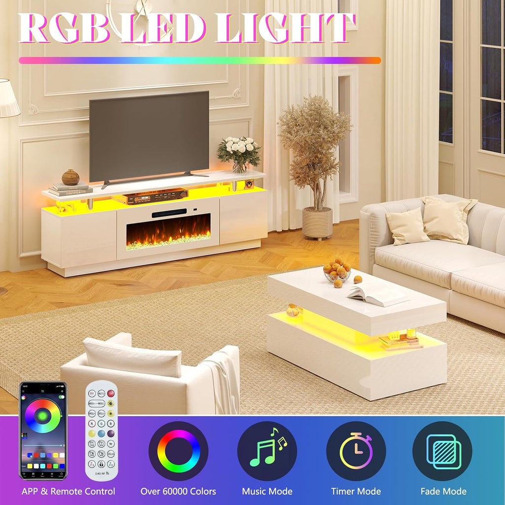 AMERLIFE 3 Piece Modern Living Room Table Set, Includes 70' High Gloss Fireplace TV Stand, 2-Tier Coffee Table, LED Lights Entertainment Center Set for Living Room, White