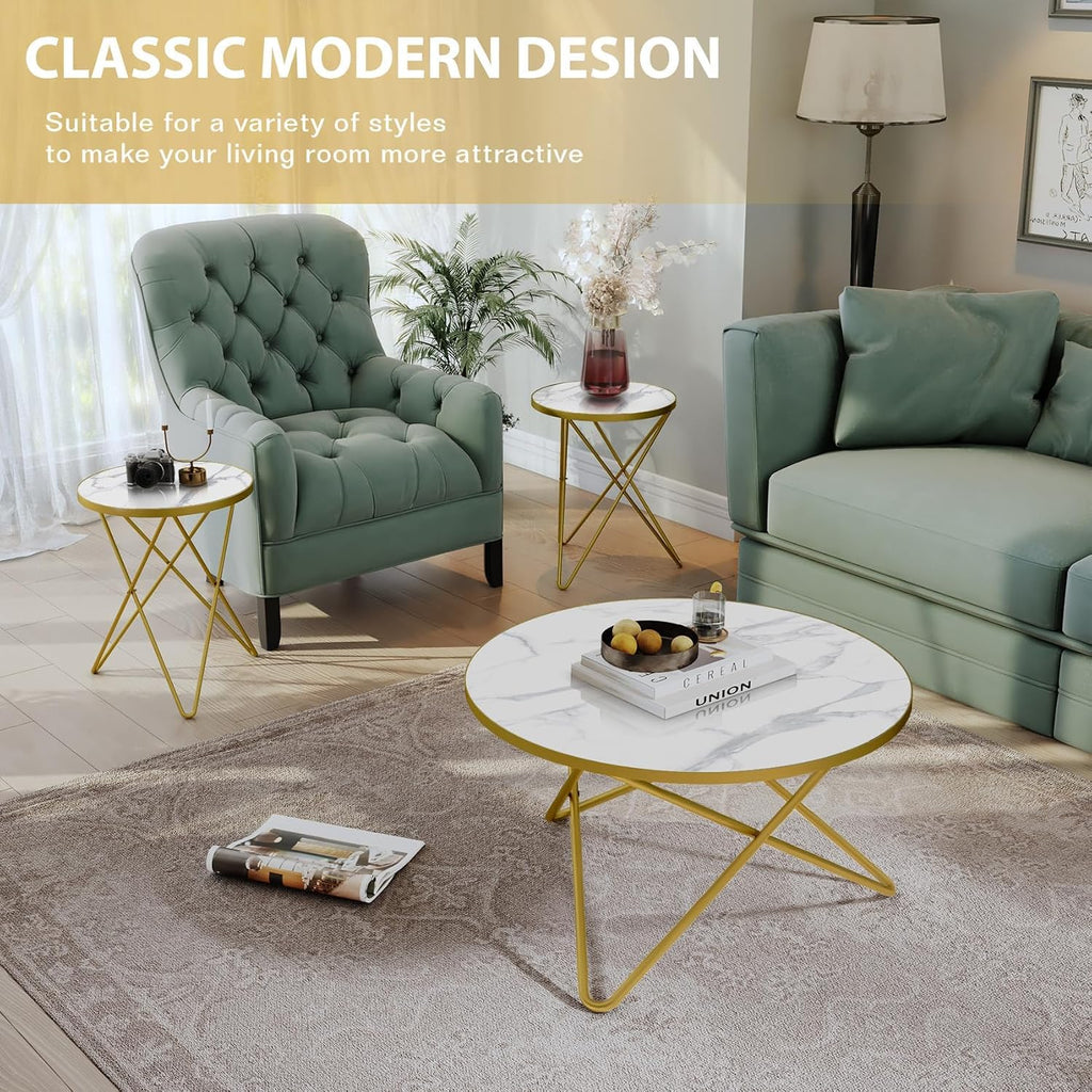 HLR Modern Round Coffee Table and Side Table Set of 3,End Table with Faux Marble Top and Gold Metal Frame, Side Table for Living Room, Bedroom, Sofa and Couch, Gold Legs, White Marble Top