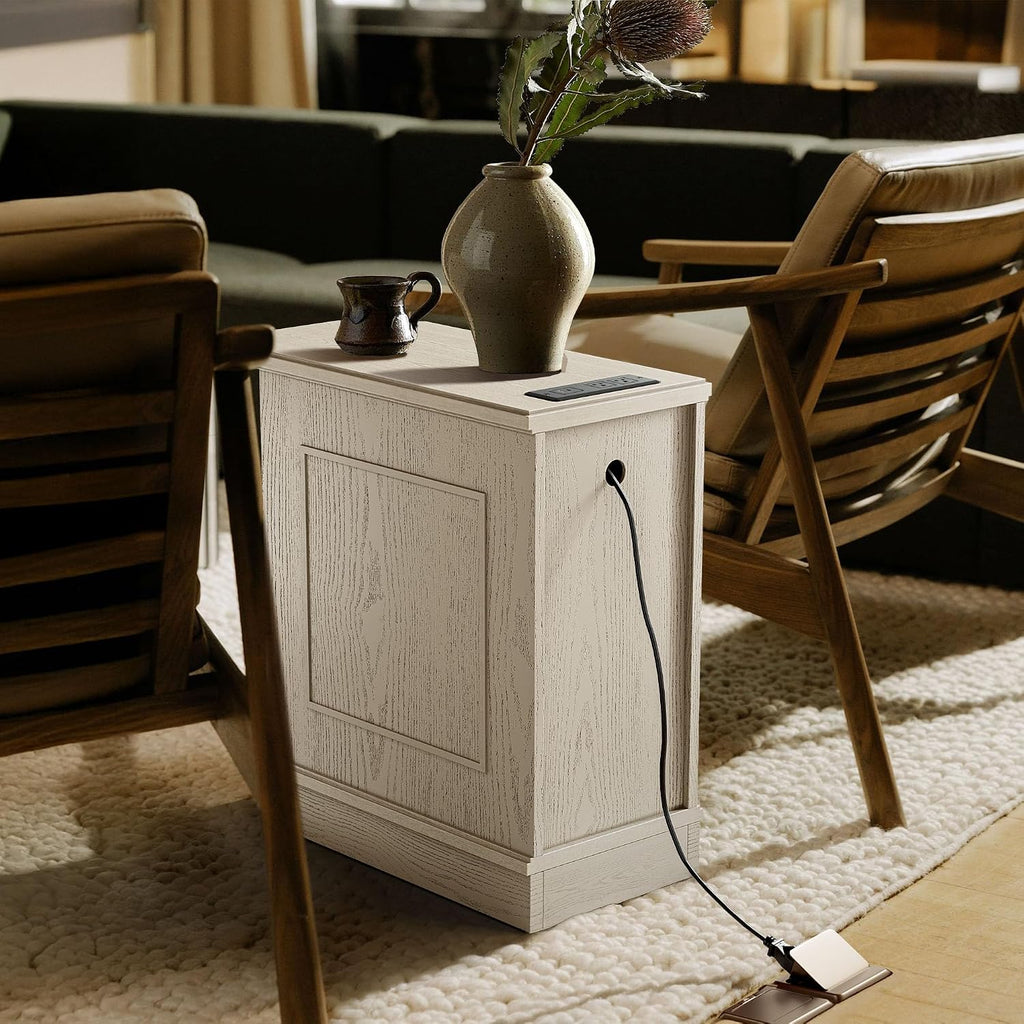 Nightstand with Charging Station, Vintage Wood End Table with 3 Drawer, Victoria Narrow Side Table, Slim Bedside Tables for Bedroom, Pre-Installation, Light Gray