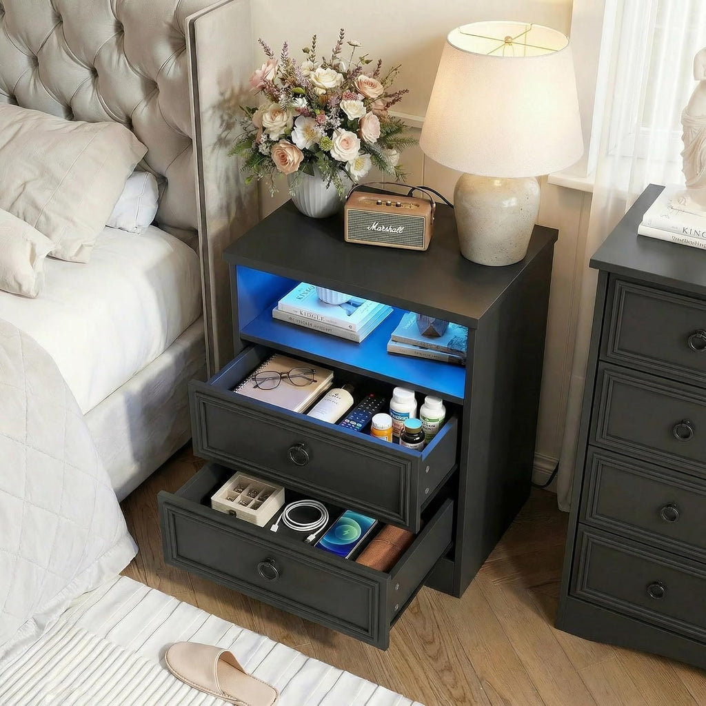 Large Nightstand Set of 2 with Drawers,17.7'W Accent Night Stand with Charger Station LED Lights, Bed Side Table with 2 Drawers, End Table with Easy Open Storage for Bedroom, Living Room,Black