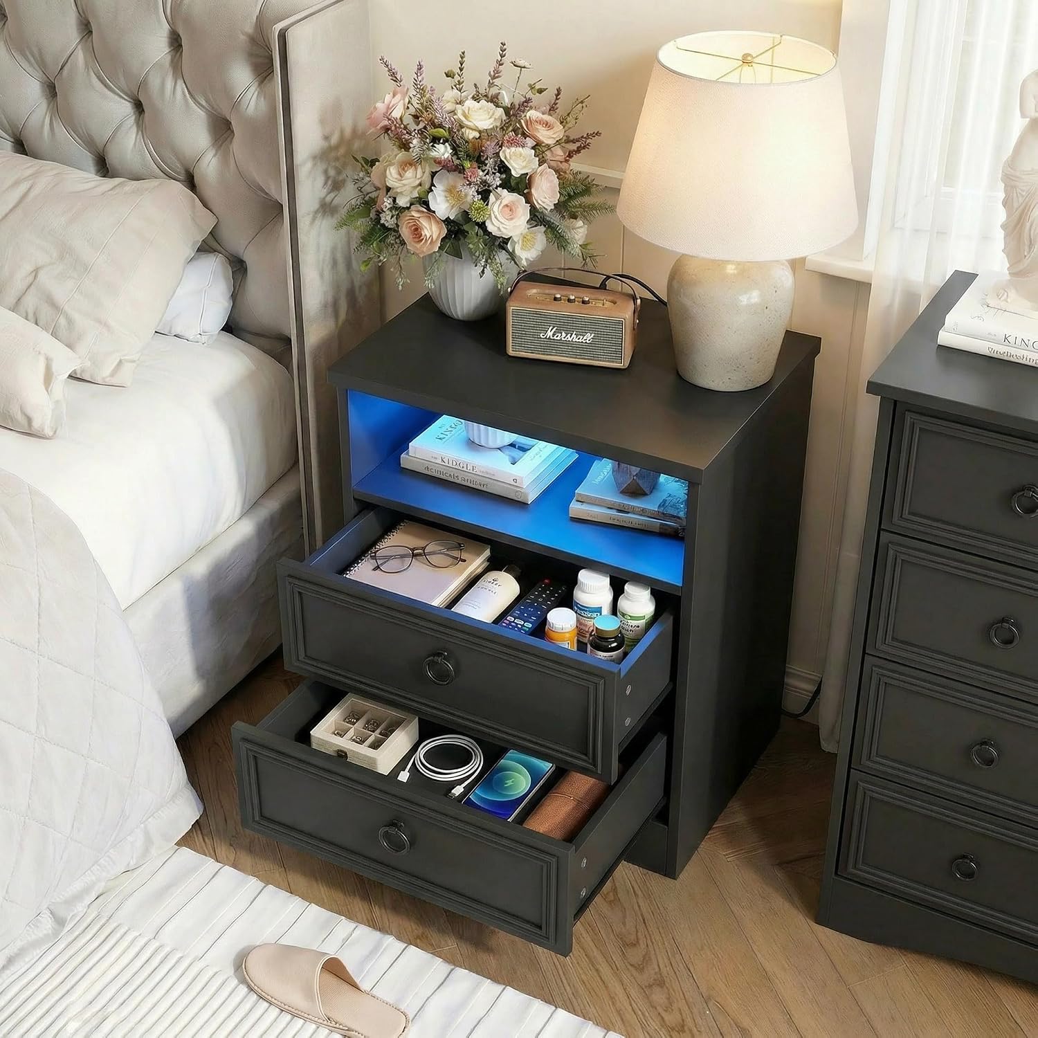 Large Nightstand Set of 2 with Drawers,17.7'W Accent Night Stand with Charger Station LED Lights, Bed Side Table with 2 Drawers, End Table with Easy Open Storage for Bedroom, Living Room,Black