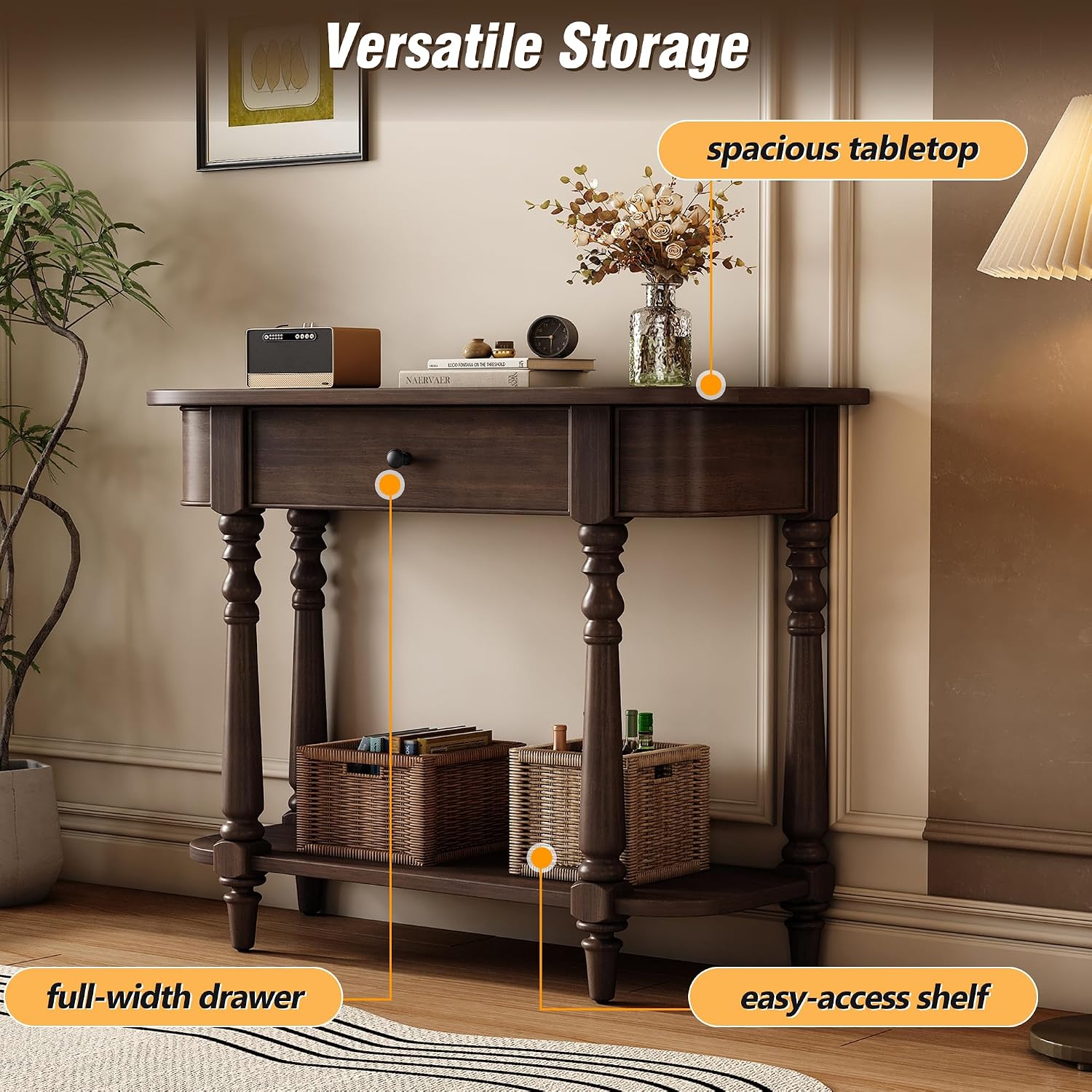 LUMISOL Solid Wood Entryway Table with Drawer and Open Shelf, for Living Room, Espresso