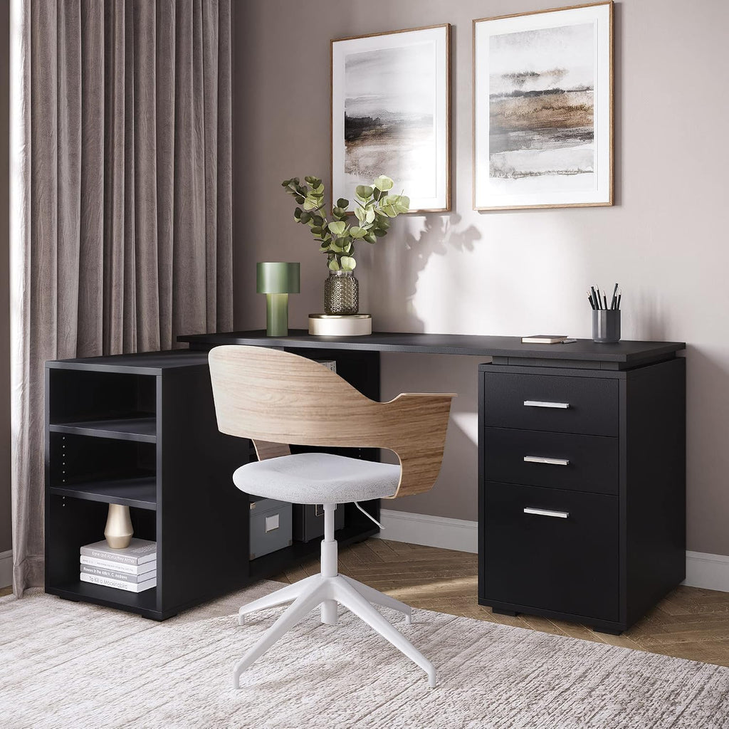 BELLEZE L Shaped Computer Desk, 60' Study Writing Table Home Office Desk Morden Corner Workstation Setup with Adjustable Storage Shelves and 3 Drawers, Black