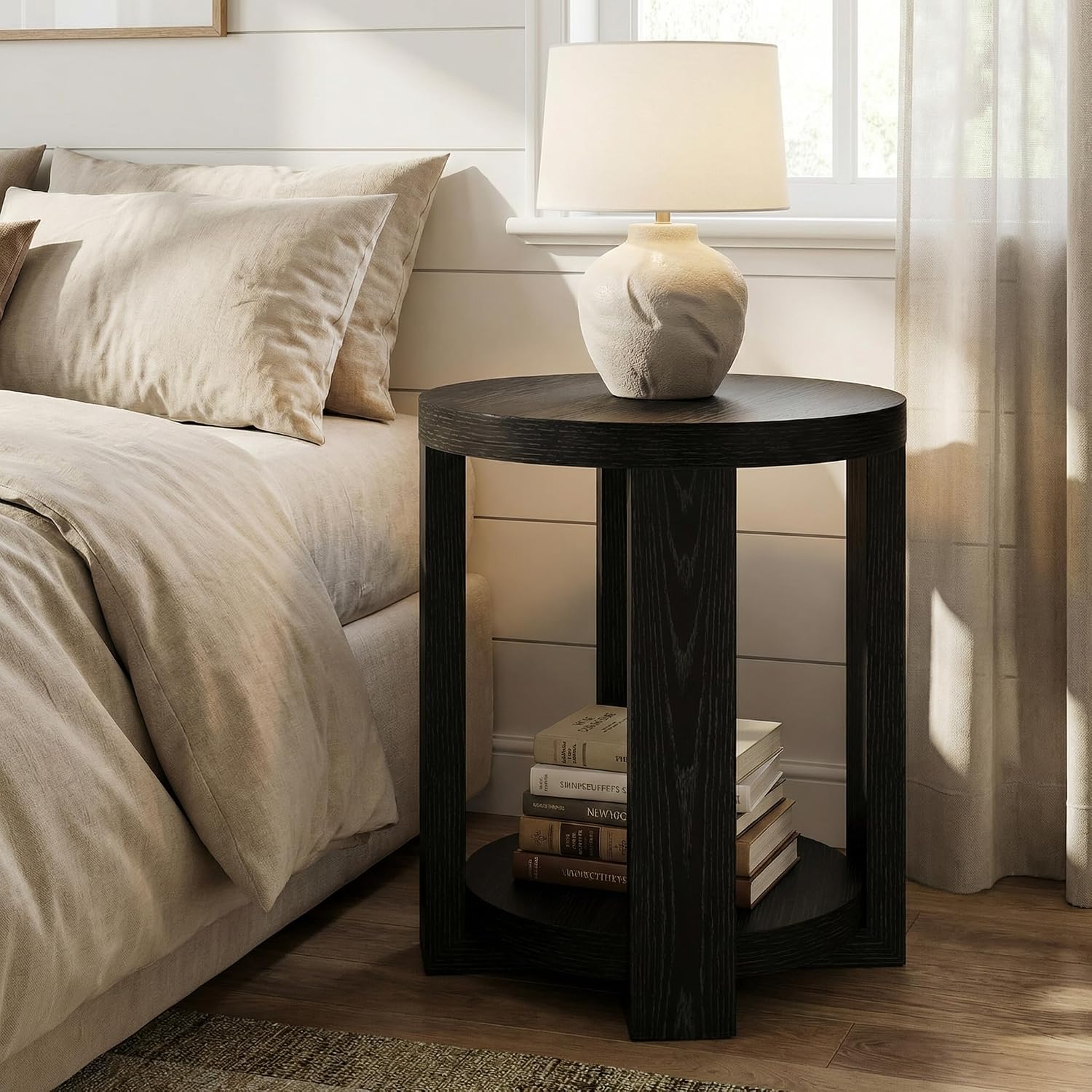 Tribesigns Round Side Table, 2-Tier End Table for Living Room & Bedroom, Small Accent Table with Storage Shelf (2, Black)