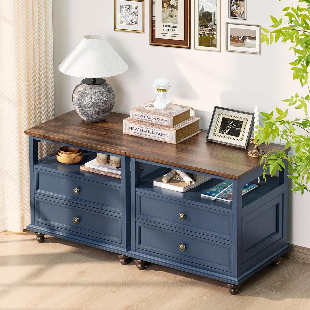 Joaxswe Farmhouse Nightstand Set of 2 with Charging Station, 24' Wide End Table with 2 Drawers,Wood Dresser for Bedroom,Bed Side Table Chest of Drawers Cabinet,Navy BlueNight Stand for Living Room