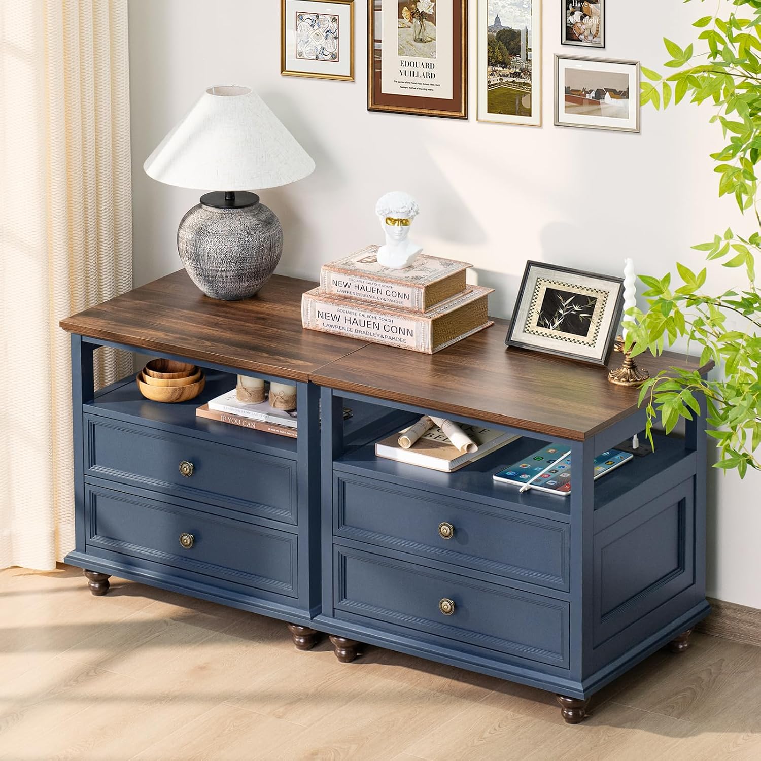 Joaxswe Farmhouse Nightstand Set of 2 with Charging Station, 24' Wide End Table with 2 Drawers,Wood Dresser for Bedroom,Bed Side Table Chest of Drawers Cabinet,Navy BlueNight Stand for Living Room