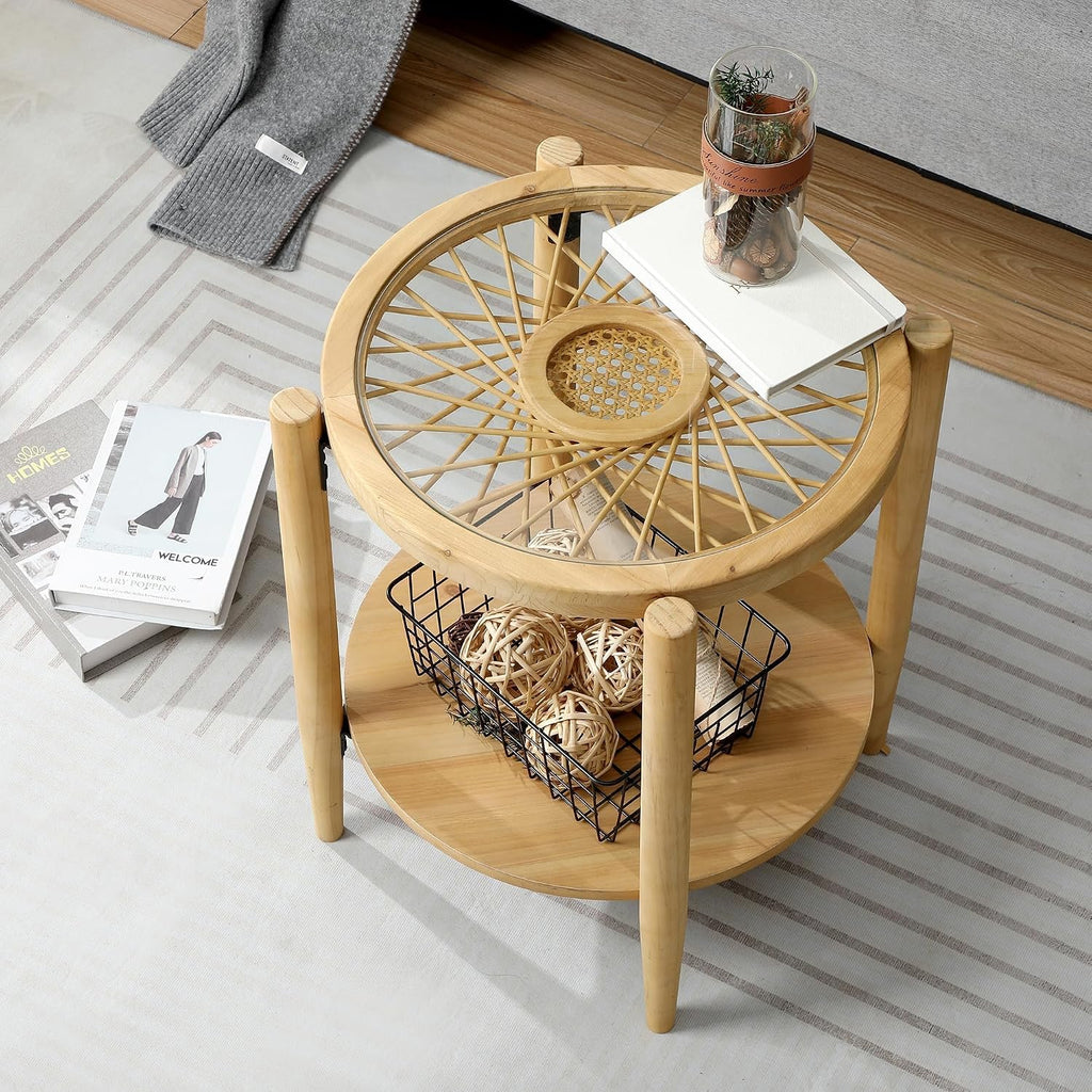 RUSTOWN Rattan Nightstands Set of 2,Boho Wood Round Side Tables, 2-Tier Natural End Table with Glass Top and Wood Legs, Sofa Side Table Bedside Table for Living Room Bedroom Couch(Natural)