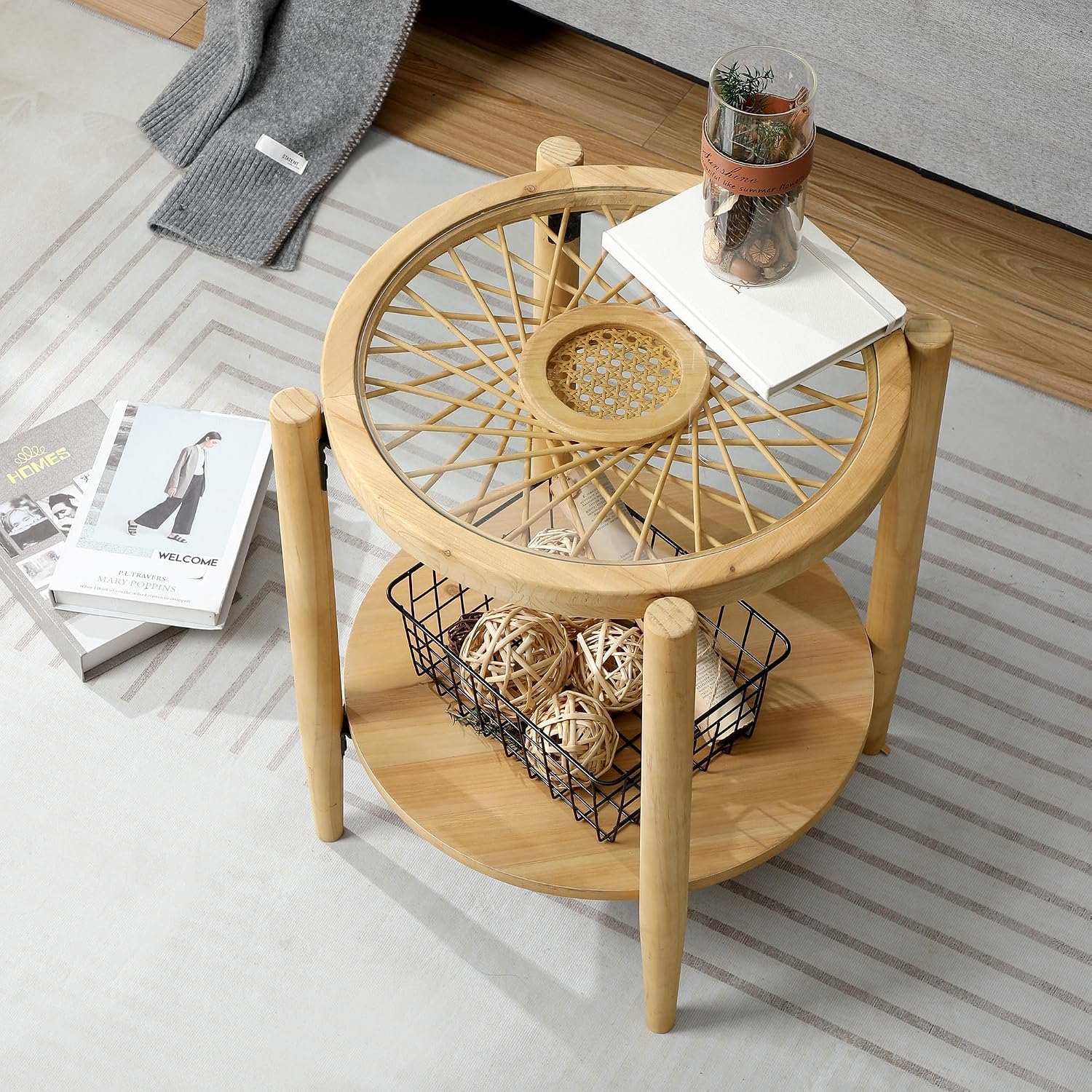RUSTOWN Rattan Nightstands Set of 2,Boho Wood Round Side Tables, 2-Tier Natural End Table with Glass Top and Wood Legs, Sofa Side Table Bedside Table for Living Room Bedroom Couch(Natural)