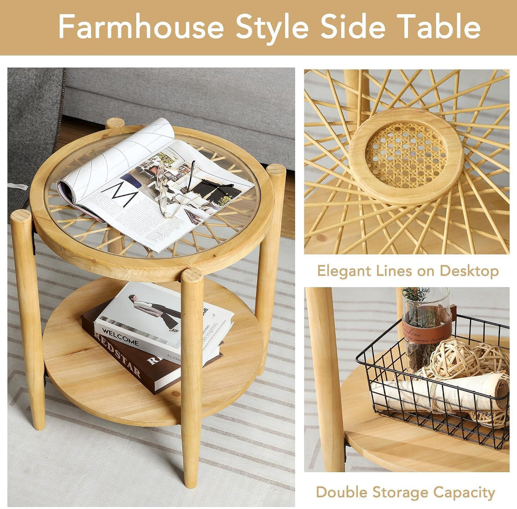 RUSTOWN Rattan Nightstands Set of 2,Boho Wood Round Side Tables, 2-Tier Natural End Table with Glass Top and Wood Legs, Sofa Side Table Bedside Table for Living Room Bedroom Couch(Natural)