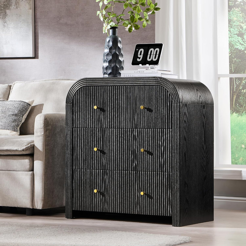 T4TREAM Fluted Nightstand with Charging Station, 32' Large 3 Drawers Bedside Table, Modern End Table with Storage Night Stand for Bedroom, Living Room, Round Curved Corner Design, Black Oak