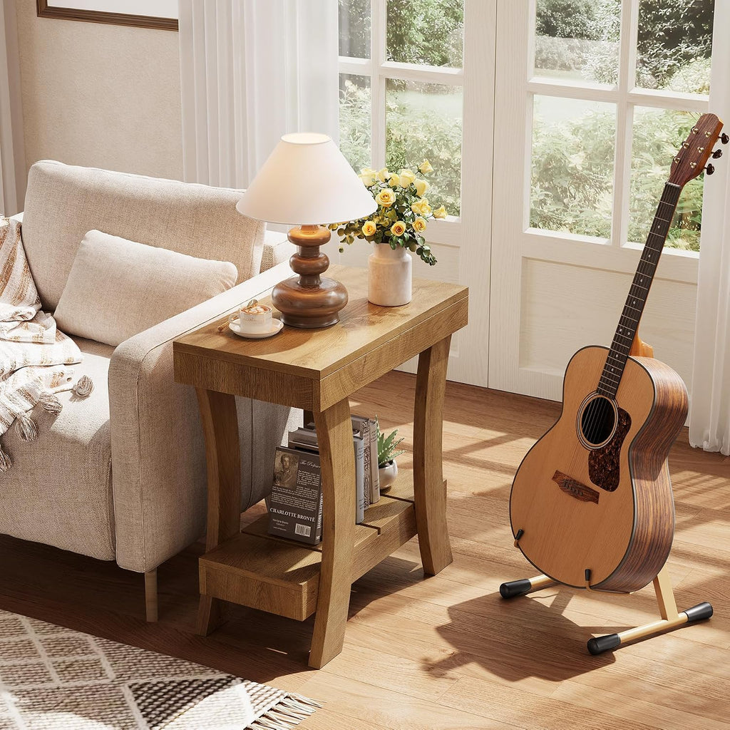 LITTLE TREE Narrow Side Table with Storage Shelf, Set of 2 Rectangular End Table with Wood Legs, Small Night Stand for Bedroom, Living Room, Small Spaces, 11.81' D x 23.62' W x 23.62' H