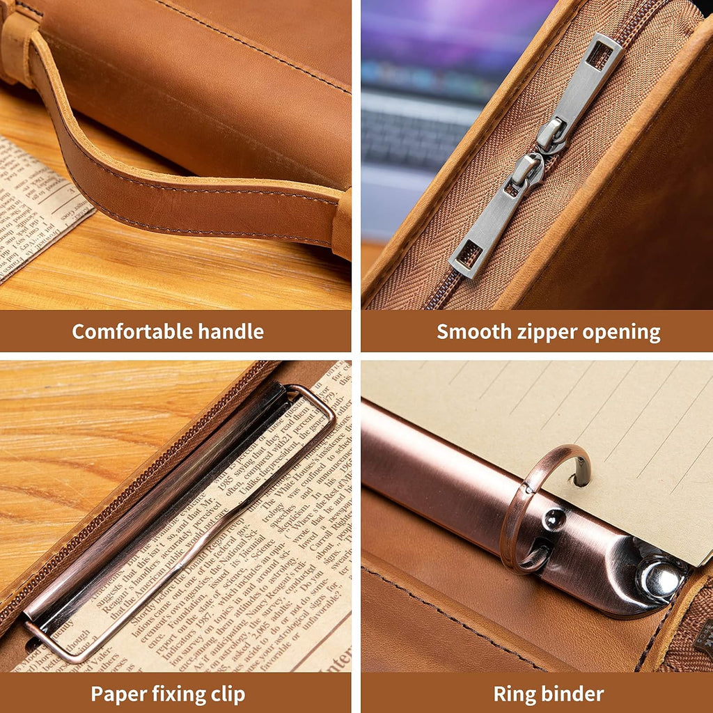 YIWEN Personalized Leather Portfolio with Handle, 3 Ring Binder, Zippered Padfolio for 13' Tablet, 8.5 x 11 Notepad, Professional Business Document Organizer (Brown, Crazy Horse Leather)