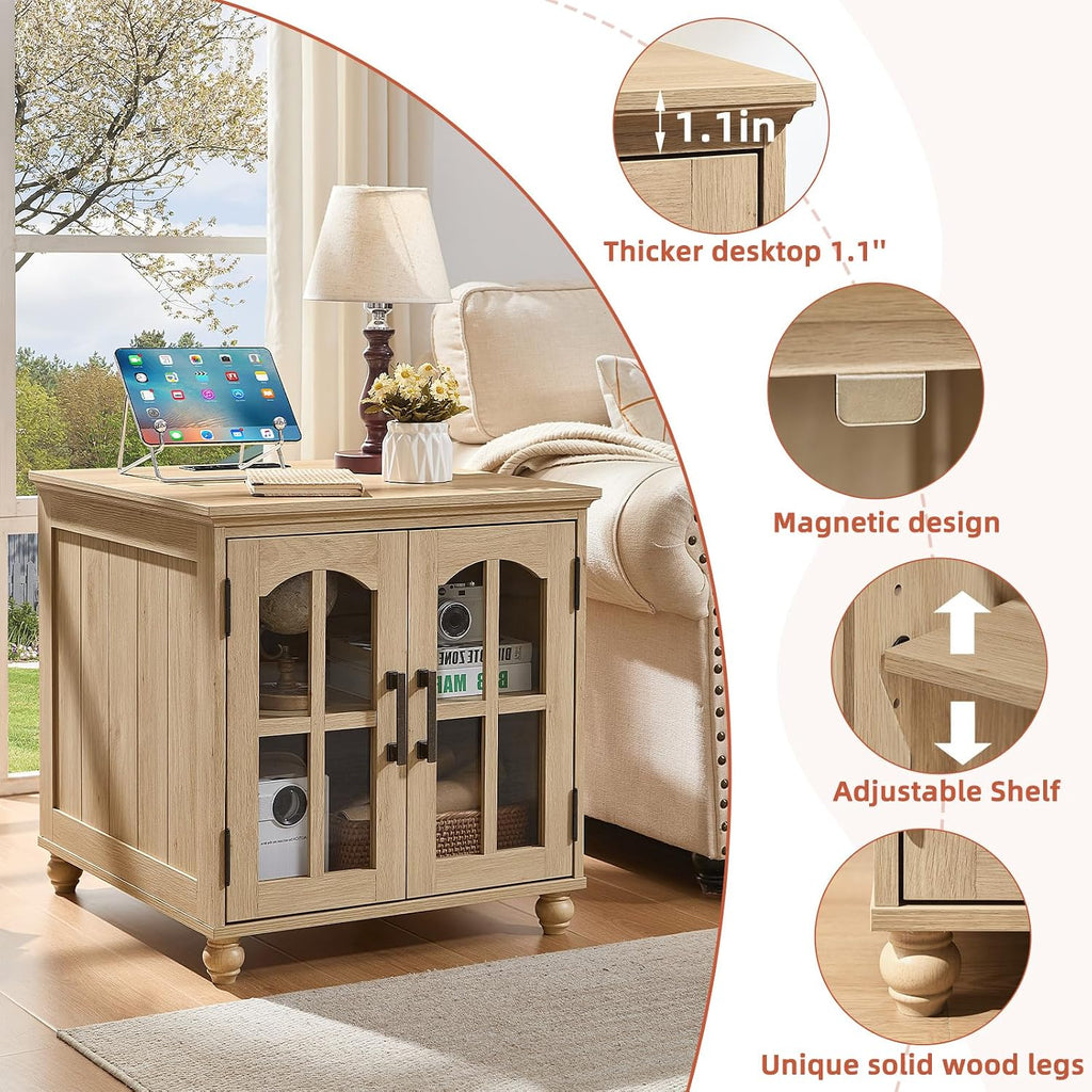 RWYHG End Table Set 2 with Charger Station, 18'' Narrow Nightstand and 24' Large Sofa Side Tables with Glass Barn Door Storage, Farmhouse Night Stands Bedside Table for Living Room,Bedroom