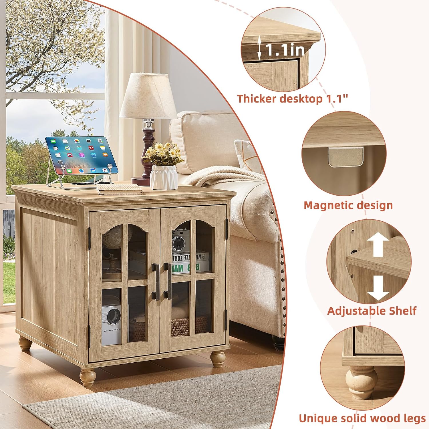 RWYHG End Table Set 2 with Charger Station, 18'' Narrow Nightstand and 24' Large Sofa Side Tables with Glass Barn Door Storage, Farmhouse Night Stands Bedside Table for Living Room,Bedroom