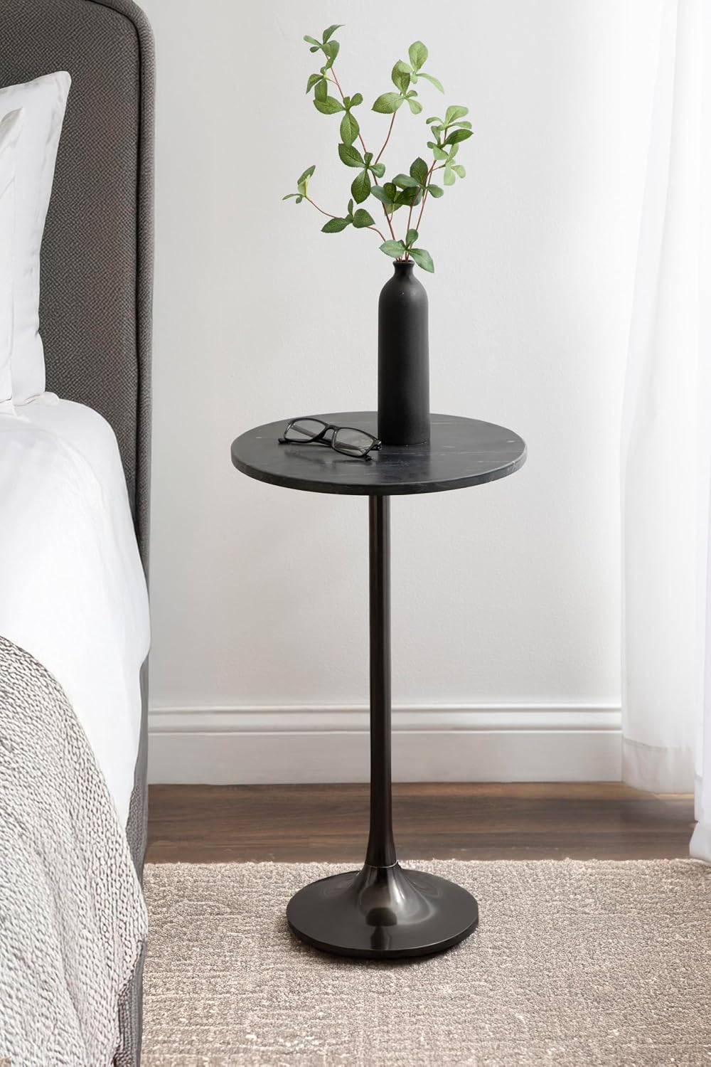 Kate and Laurel Baronet Glam Marble Round Side Table; 14 x 14 x 24; Black Marble and Gray Gunmetal; Marble Top Circle End Table for Use as a Bedroom Nightstand or Living Room Plant Stand Option