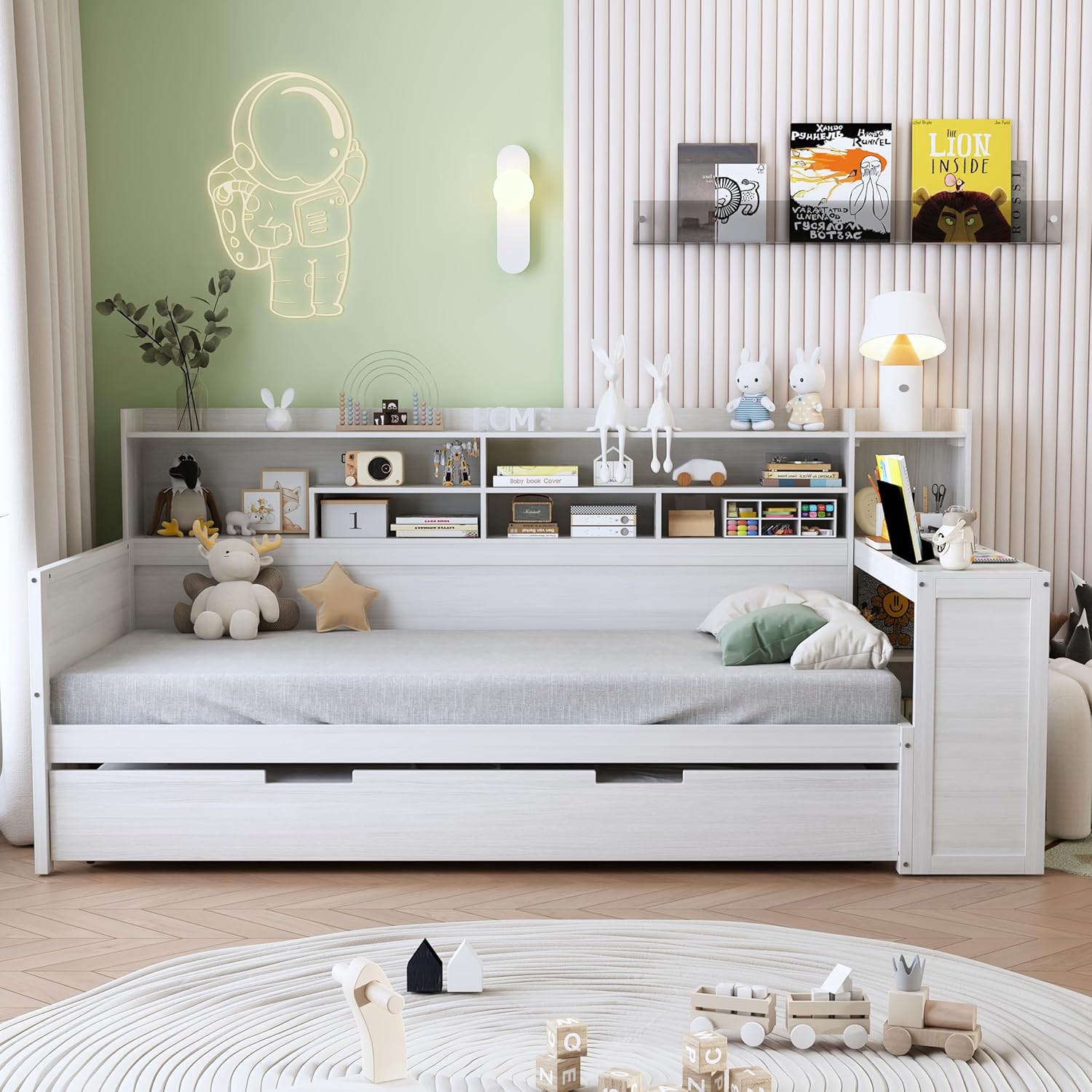 Wood Twin Size Corner Day Bed with Twin Trundle and Desk,L Shape Corner Daybed Frame with Storage Shelves and Wood Slat Support for Kids Teens Bedroom Guest Room,No Box Spring Needed,Antique White