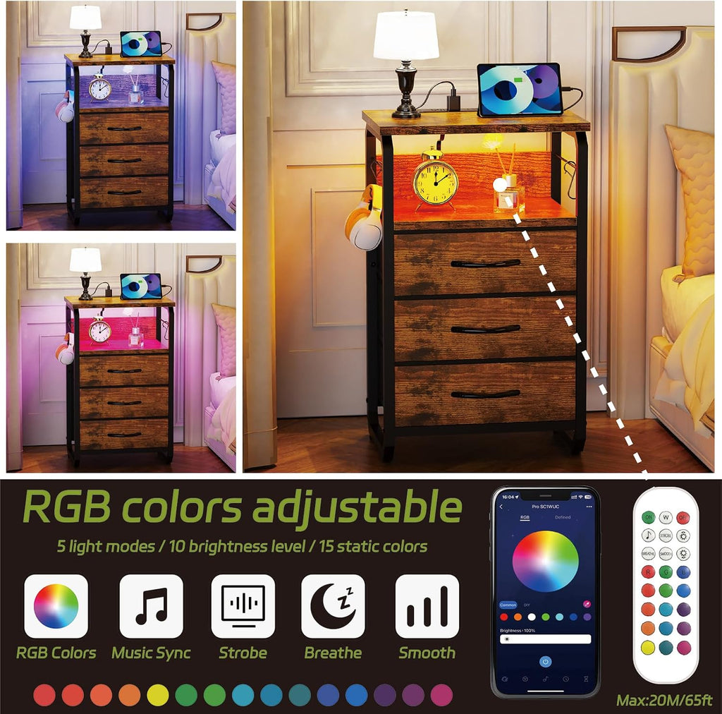 runjuly Night Stand Set 2, Nightstand with LED Lights and Fabric Drawers, Matching End Tables with Charging Station USB C Port, Bedside Tables with Hooks for Bedroom, Rustic Brown