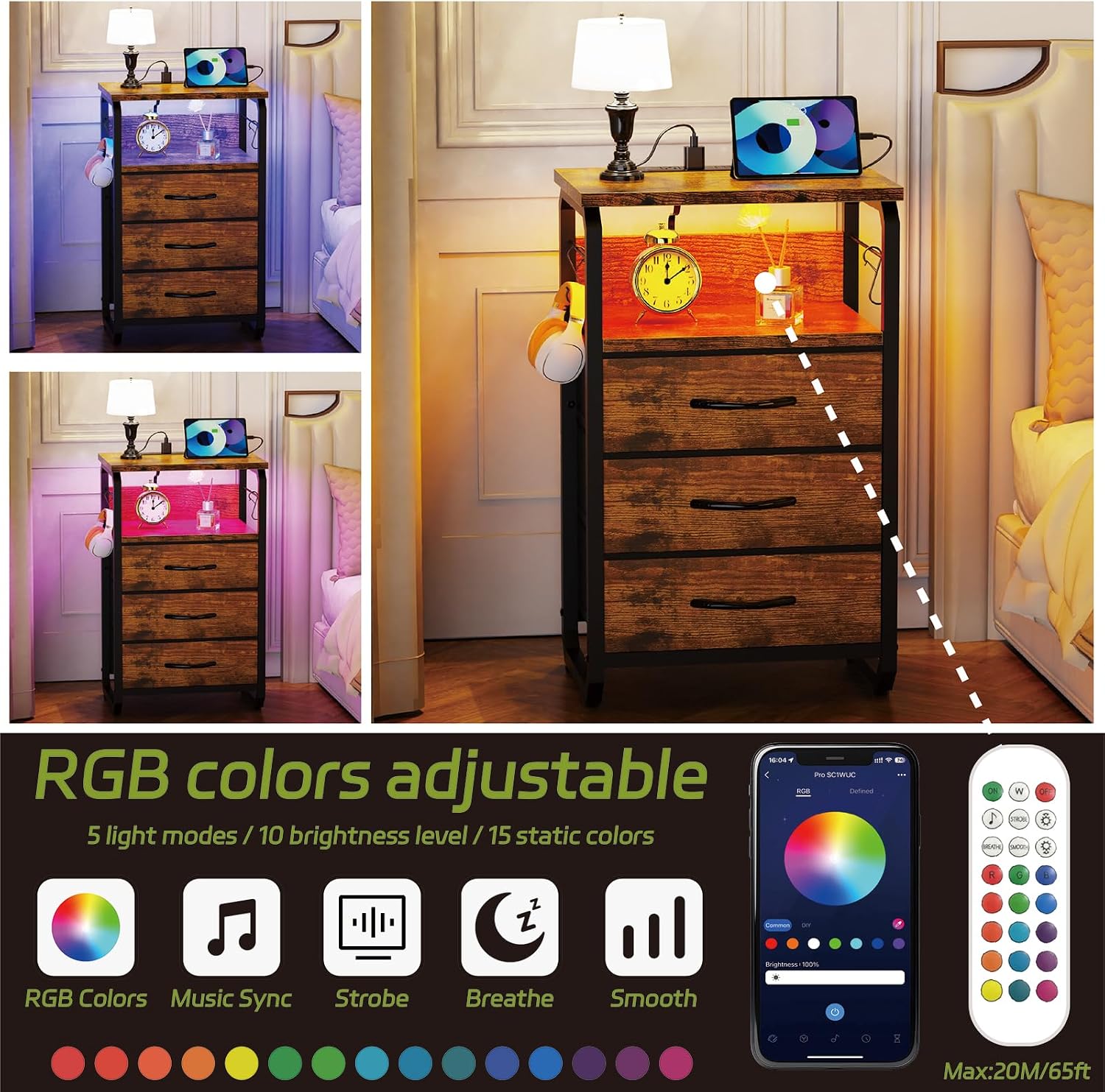 runjuly Night Stand Set 2, Nightstand with LED Lights and Fabric Drawers, Matching End Tables with Charging Station USB C Port, Bedside Tables with Hooks for Bedroom, Rustic Brown