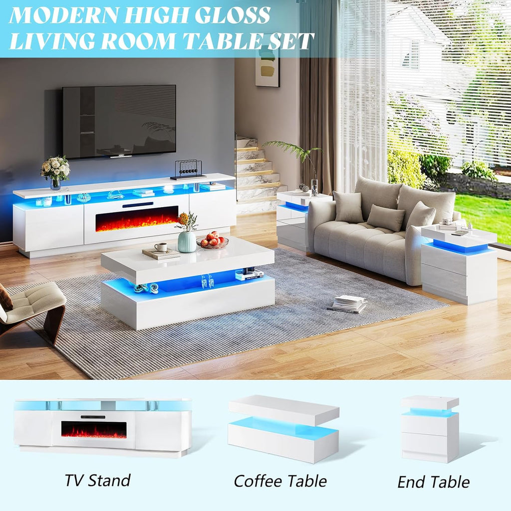 AMERLIFE High Gloss End Table Set of 2 with Charging Station, Modern Bedside Table Night Stand with Lights, LED Nightstand with Drawers for Bedroom Living Room, White