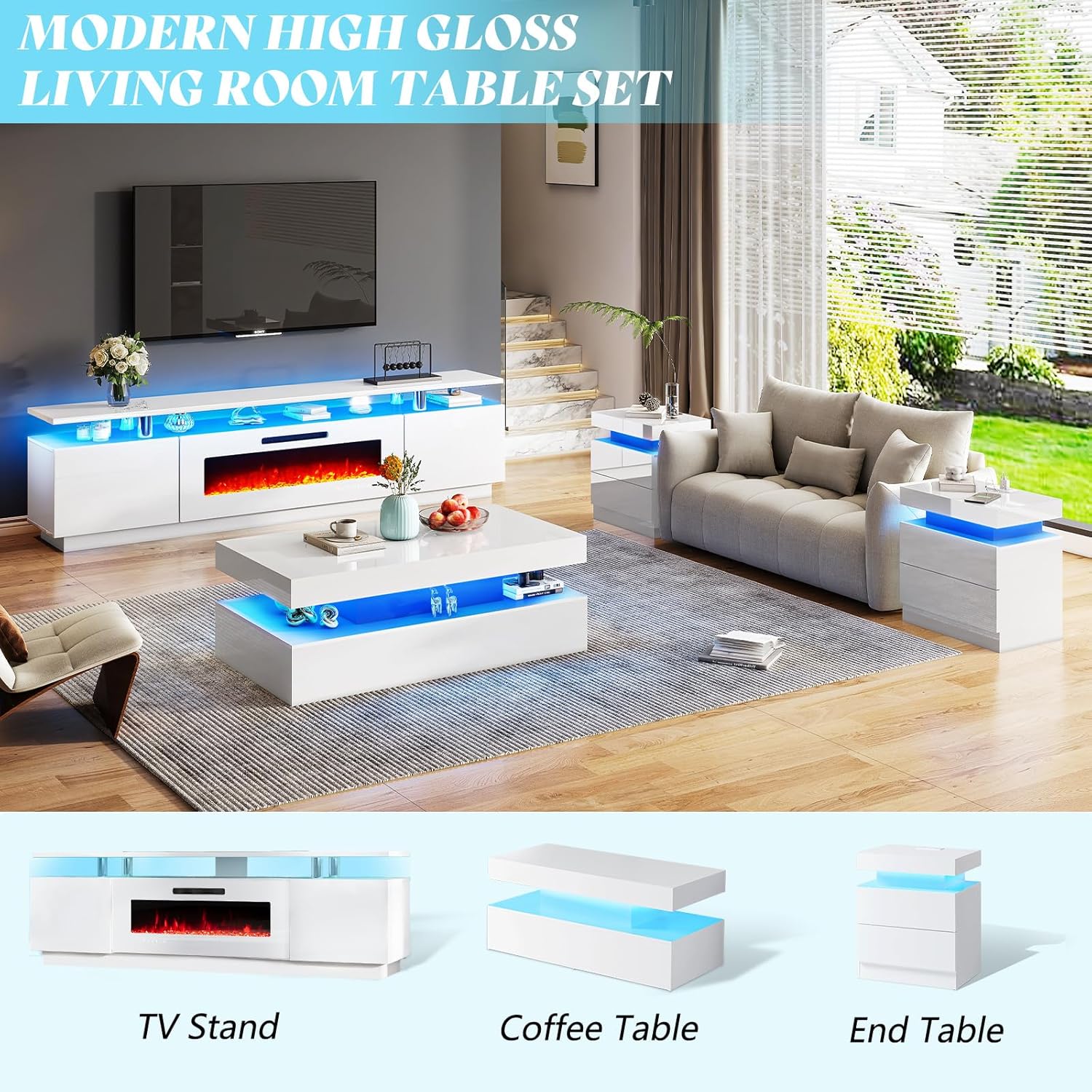 AMERLIFE High Gloss End Table Set of 2 with Charging Station, Modern Bedside Table Night Stand with Lights, LED Nightstand with Drawers for Bedroom Living Room, White