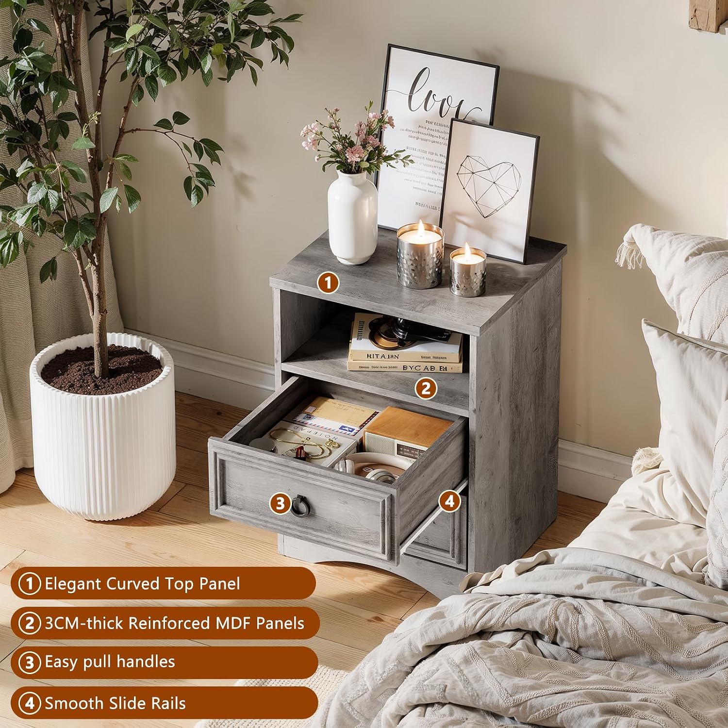 Set of 2 Nightstand with 2 Drawers, 18'W Night Stand with Drawers for Bedroom, Large Accent Bed Side Table and End Table with Open Compartment-Easy Pull Handle, Textured Border for Living Room,Gray