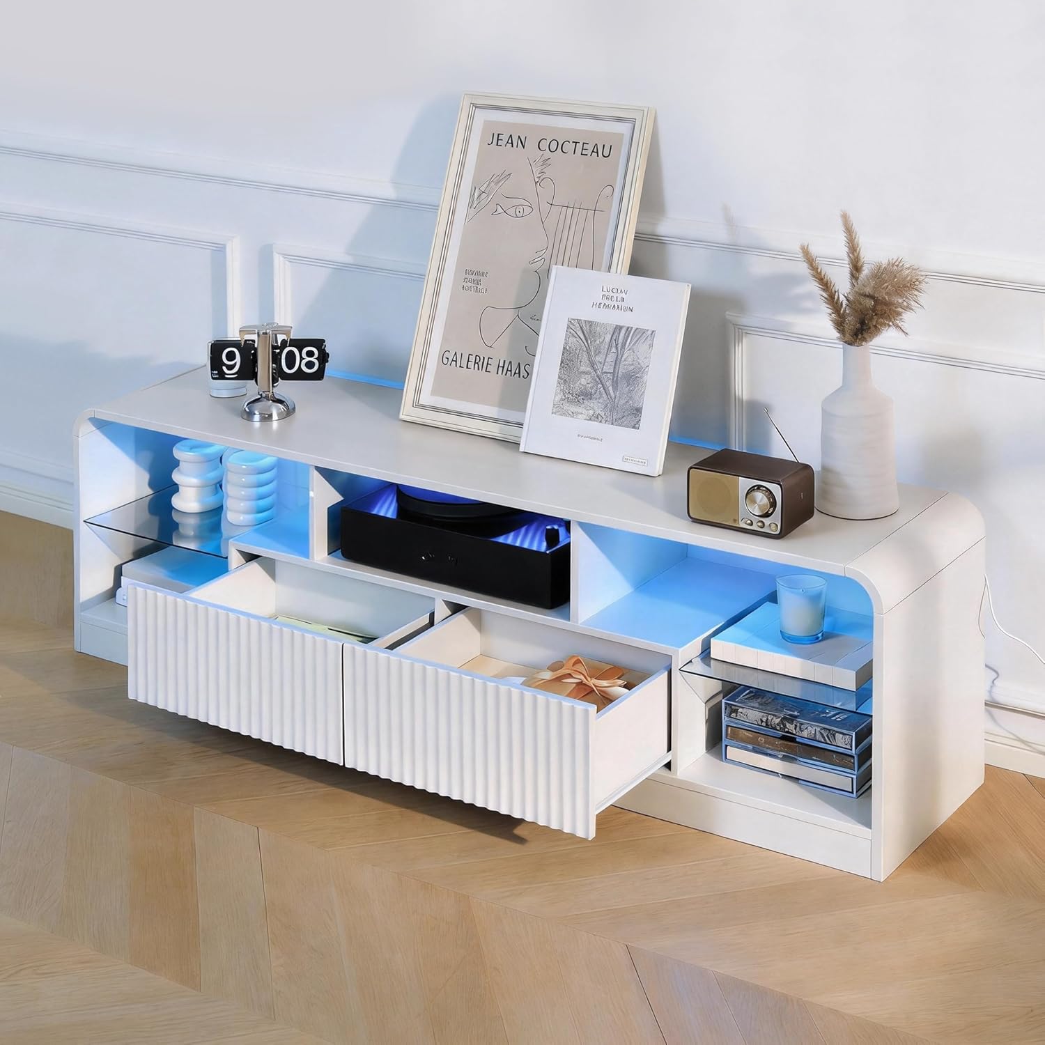Wodeer Mid Century Modern TV Stand for 55 60 65 70 75 Inch TVs, Fluted TV Stands for Living Room with LED Lights, 63'' Entertainment Center with 2 Large Drawers & Glass Shelves, White