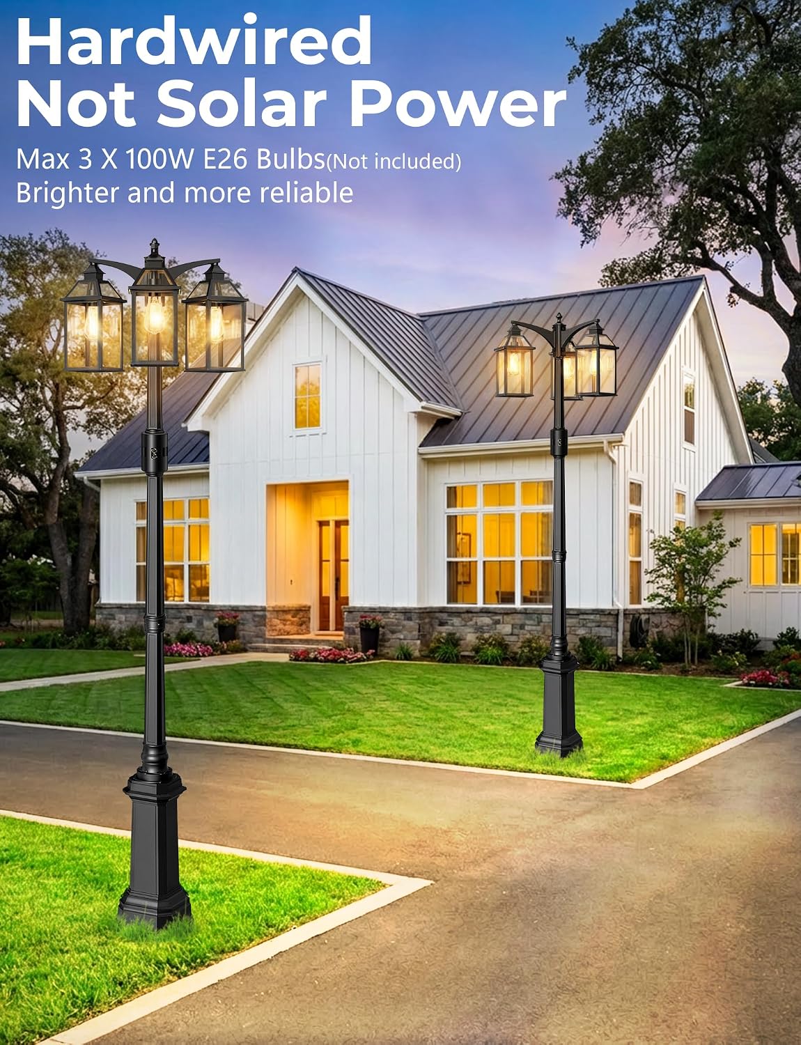 Outdoor Lamp Post Motion Sensor, Dusk to Dawn Pole Lights 3-Head, Classic Black 360°Detection Waterproof Anti-Rust Aluminum Street Lighting for Yard Backyard Patio Driveway