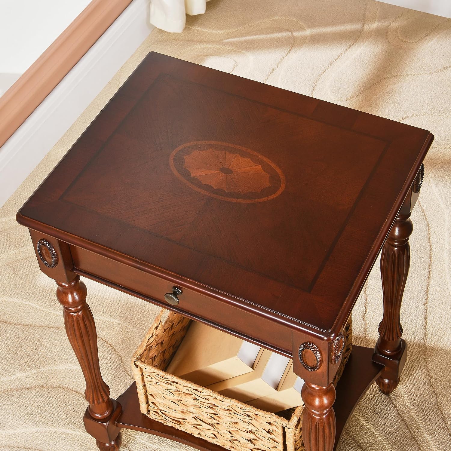 Narrow End Side Table with Drawer and Storage Shelf Set of 2, Sofa Beside Table,No-Tools Assembly Antique Wood Nightstand for Living Room,Small Space, 27.6'H x 19.7'L x 15.7'W Cherry Walnut GBJ1533WD