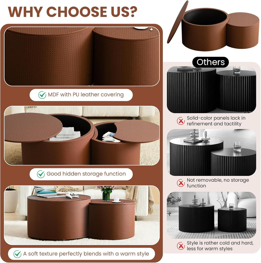 Round Nesting Coffee Table Set of 2 with Storage Modern Wood Coffee Table MDF Frame and Leather Surface Center Table End Side Table for Living Room Bedroom Office, No Assembling (Brown)