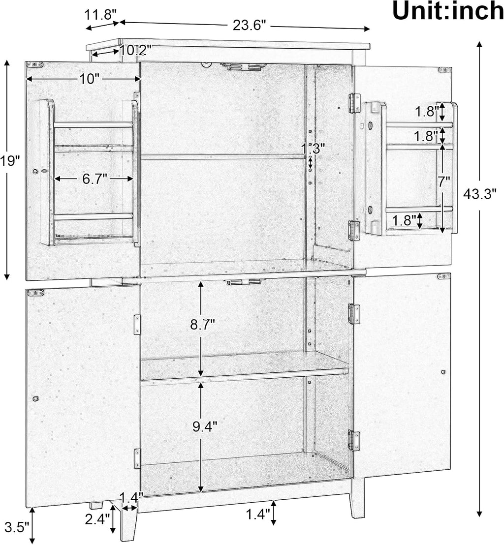 Bathroom Storage Cabinet with Adjustable Shelves, Freestanding | MDF, painted finish, adjustable shelves, 4 doors, anti-tip kit, bathroom, home office, 23.6 W x 11.8 D x 43.3 H in