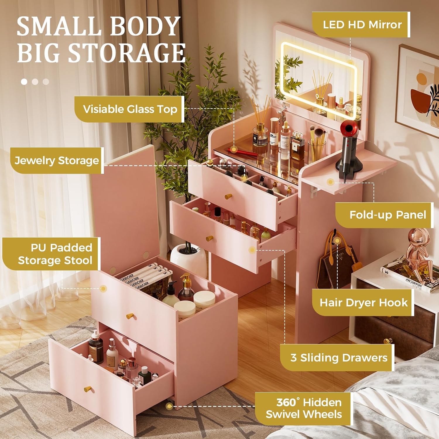 COMHOMA Makeup Vanity Desk with Mirror and Lights, Small 3 in 1 Vanity Table with Visible Glass Top, Flip Top & 3 Drawers, Compact Dressing with Storage Stool for Room or Office
